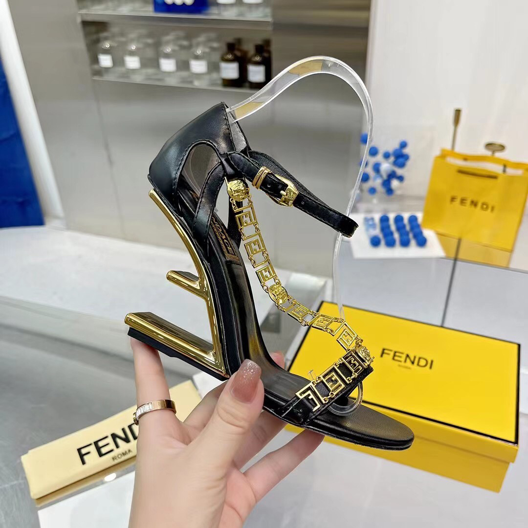 Fendi Fendi First Fendace Black Leather High-Heeled Sandals - DesignerGu