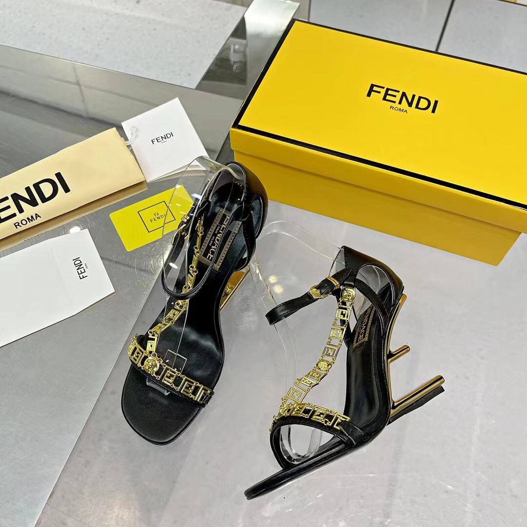 Fendi Fendi First Fendace Black Leather High-Heeled Sandals - DesignerGu