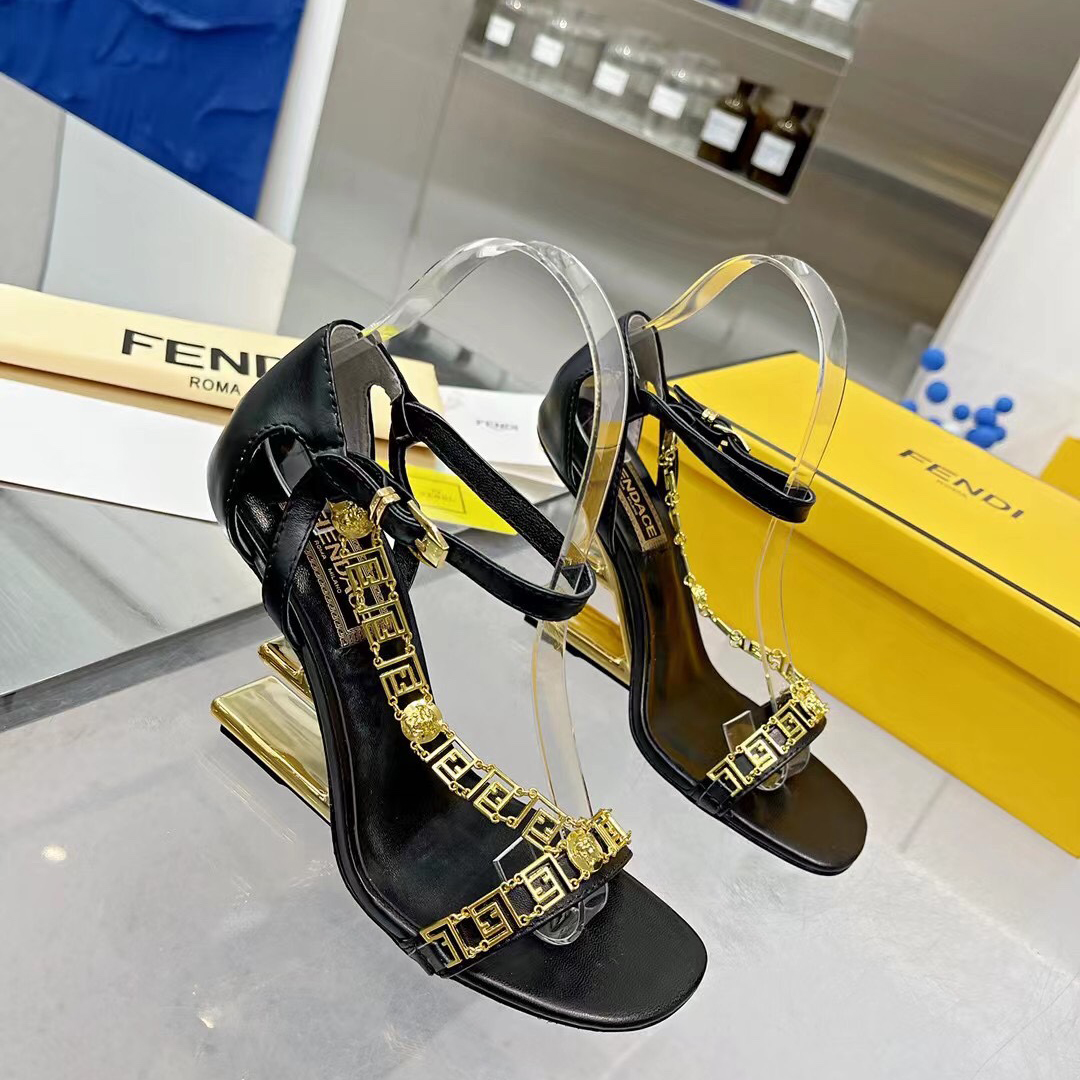 Fendi Fendi First Fendace Black Leather High-Heeled Sandals - DesignerGu