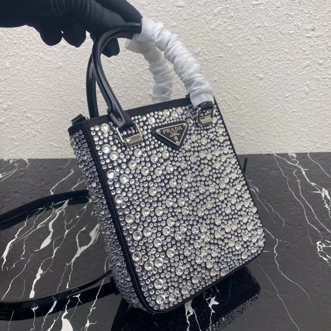 Prada Small Crystal-Studded Satin Tote Bag(17.5-15-5cm) - DesignerGu