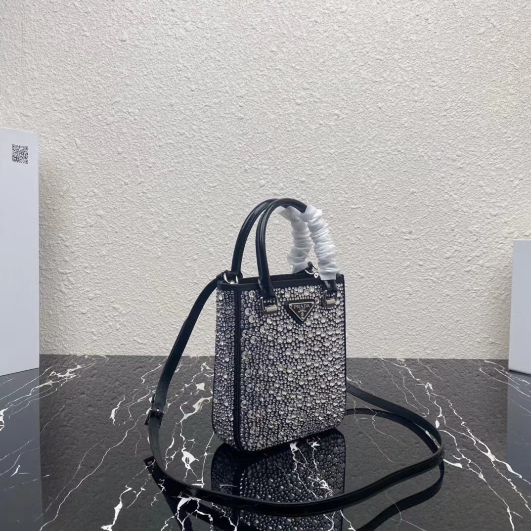 Prada Small Crystal-Studded Satin Tote Bag(17.5-15-5cm) - DesignerGu