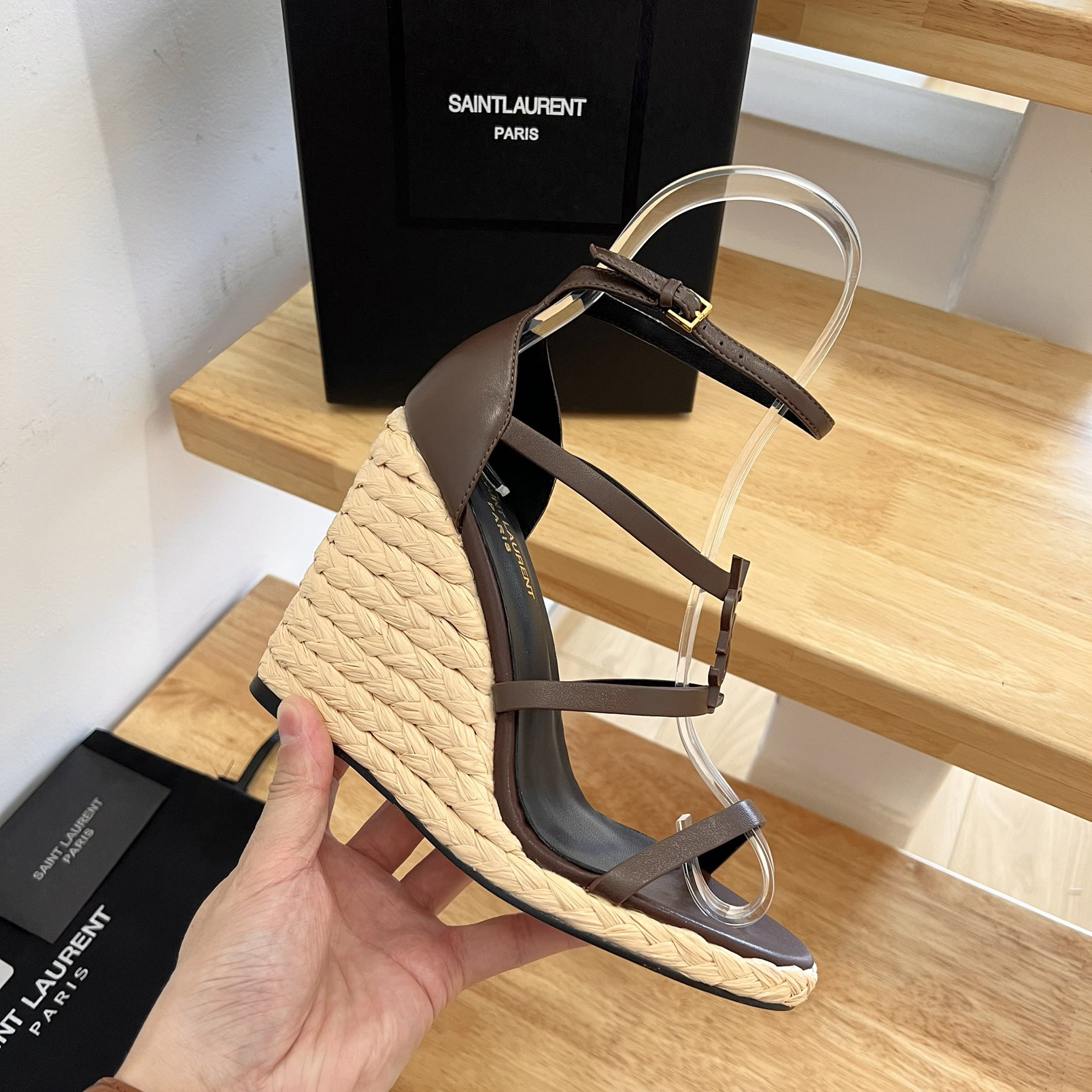 Saint Laurent Cassandra Wedge Espadrilles In Smooth Leather With Brown monogram - DesignerGu