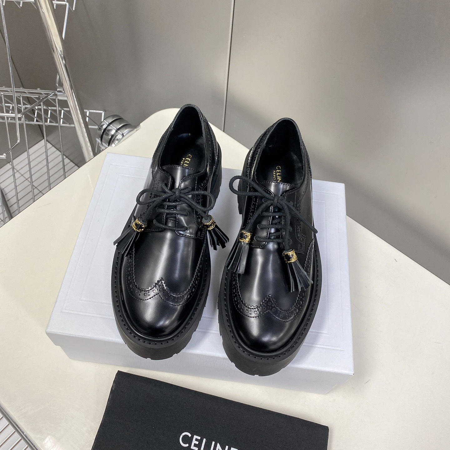 Celine Bulky Brogue Derby In Polished Bull - DesignerGu