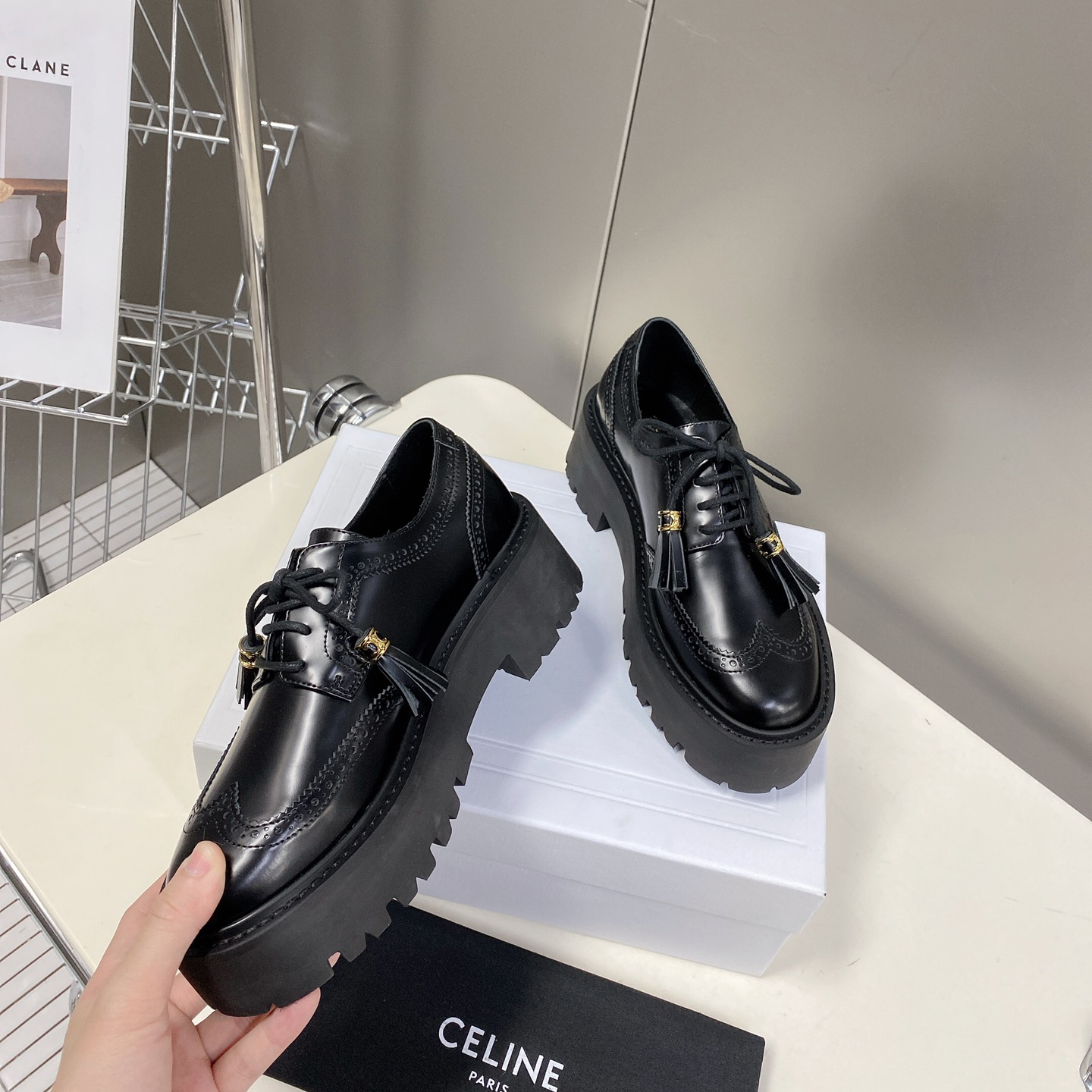 Celine Bulky Brogue Derby In Polished Bull - DesignerGu