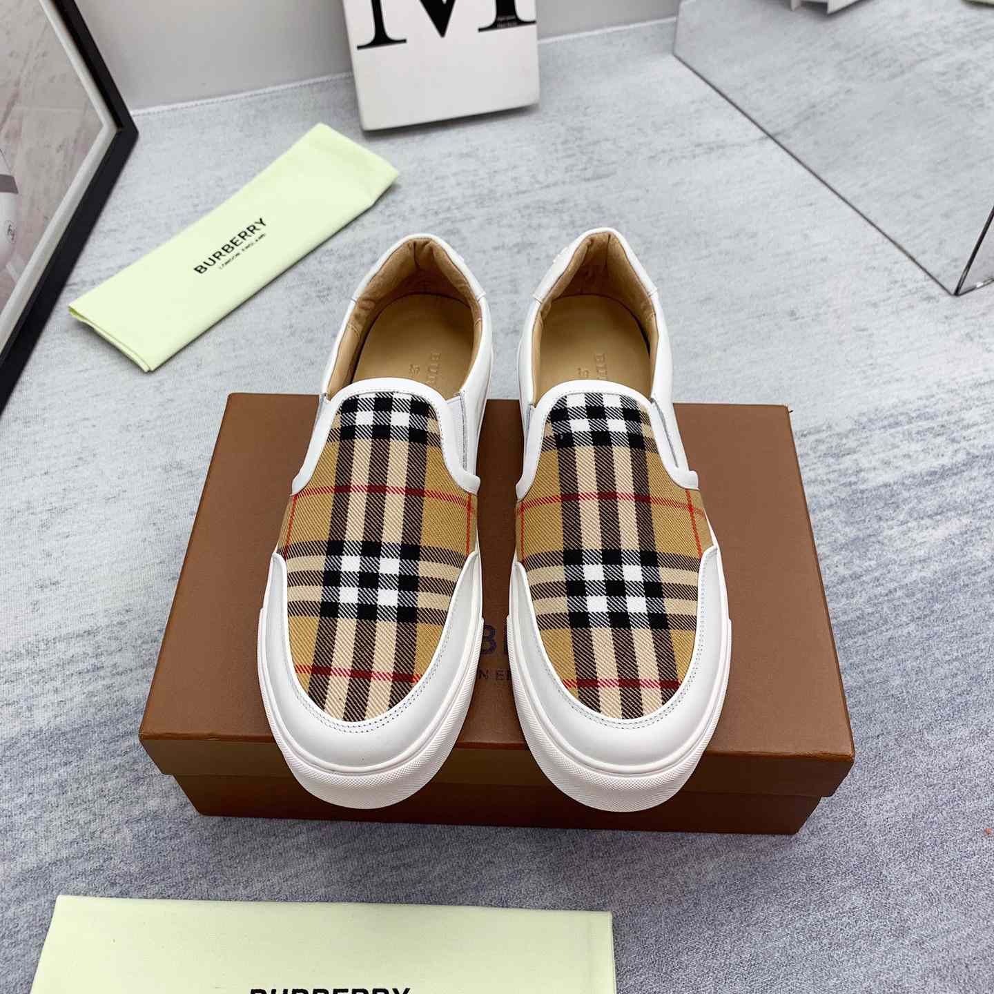 Burberry Leather And Vintage Check Slip-On Sneakers - DesignerGu