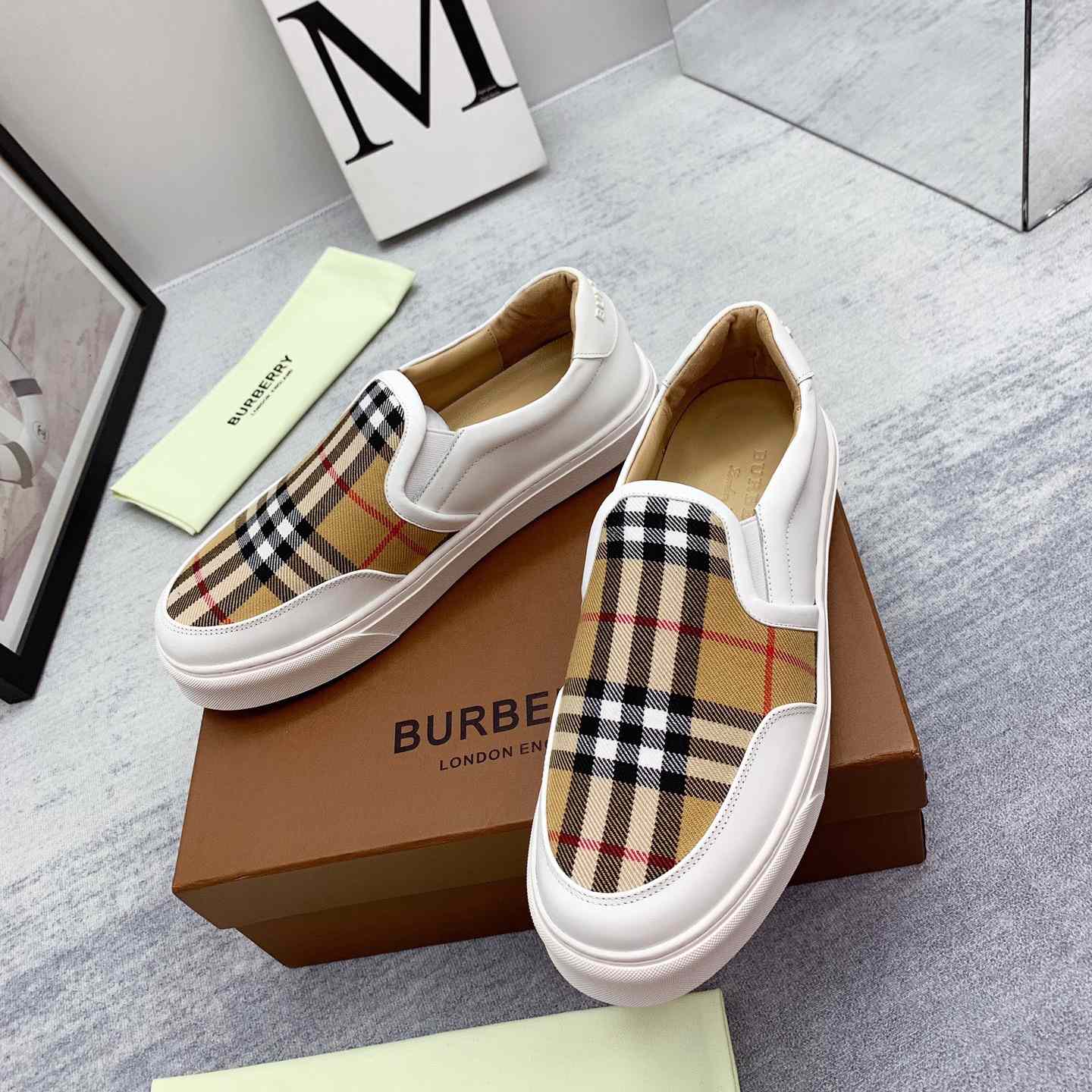 Burberry Leather And Vintage Check Slip-On Sneakers - DesignerGu