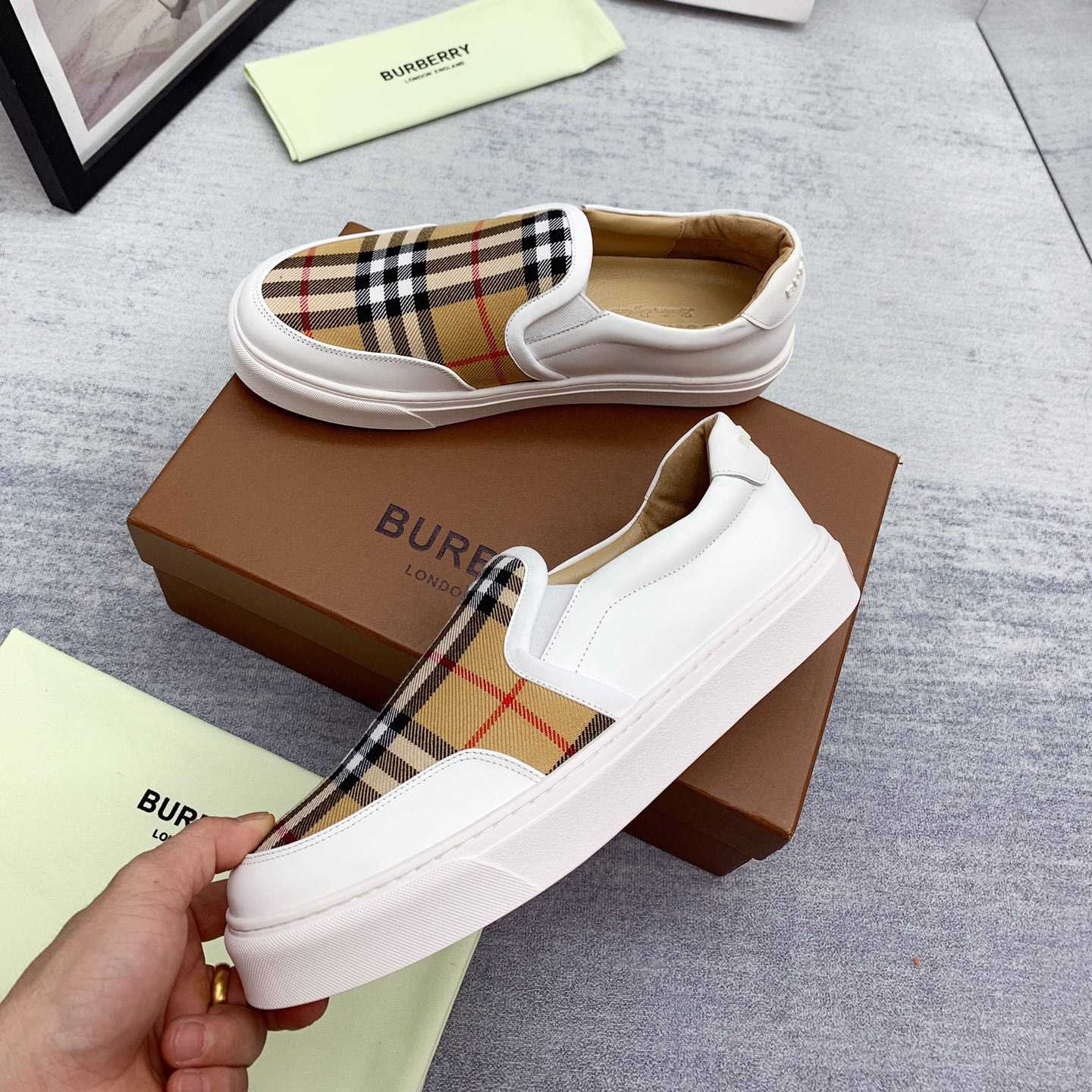 Burberry Leather And Vintage Check Slip-On Sneakers - DesignerGu