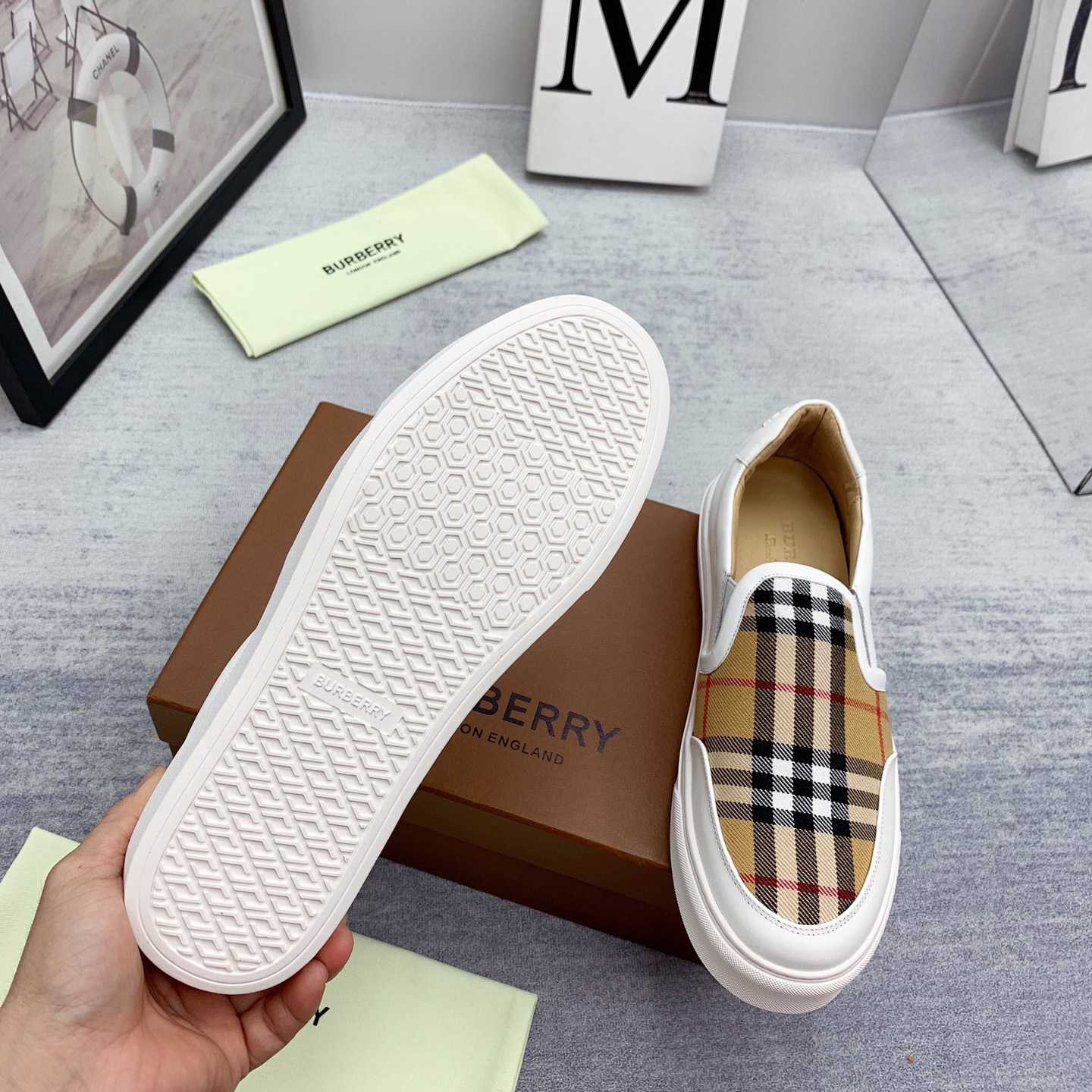 Burberry Leather And Vintage Check Slip-On Sneakers - DesignerGu