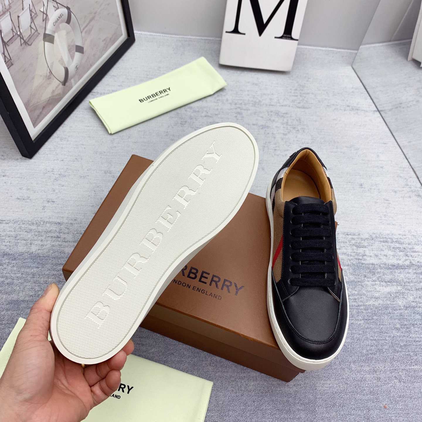 Burberry House Check Cotton And Leather Sneakers - DesignerGu