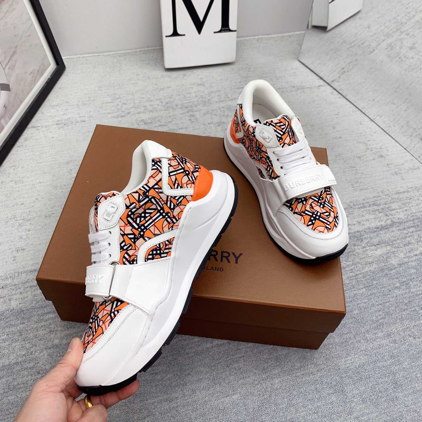 Burberry Monogram Print Linen Nylon And Leather Sneakers - DesignerGu