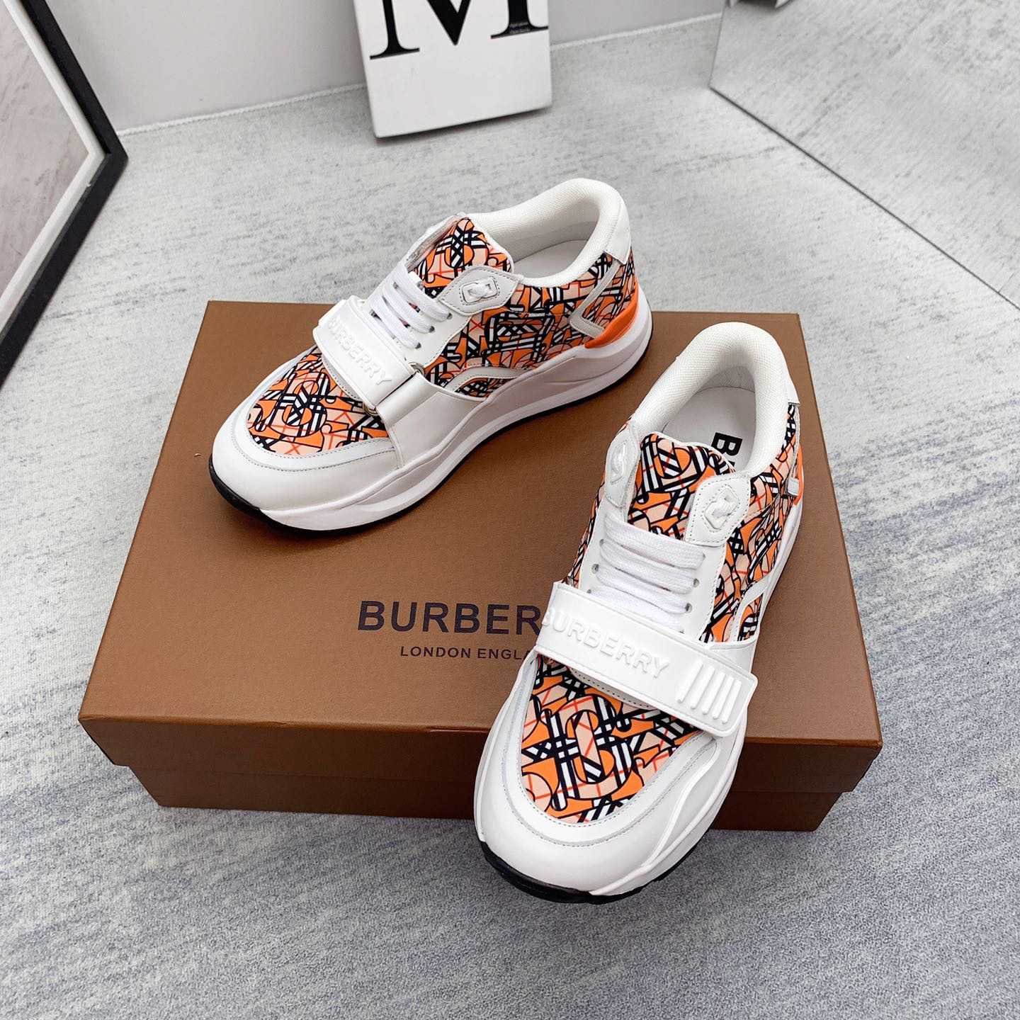 Burberry Monogram Print Linen Nylon And Leather Sneakers - DesignerGu