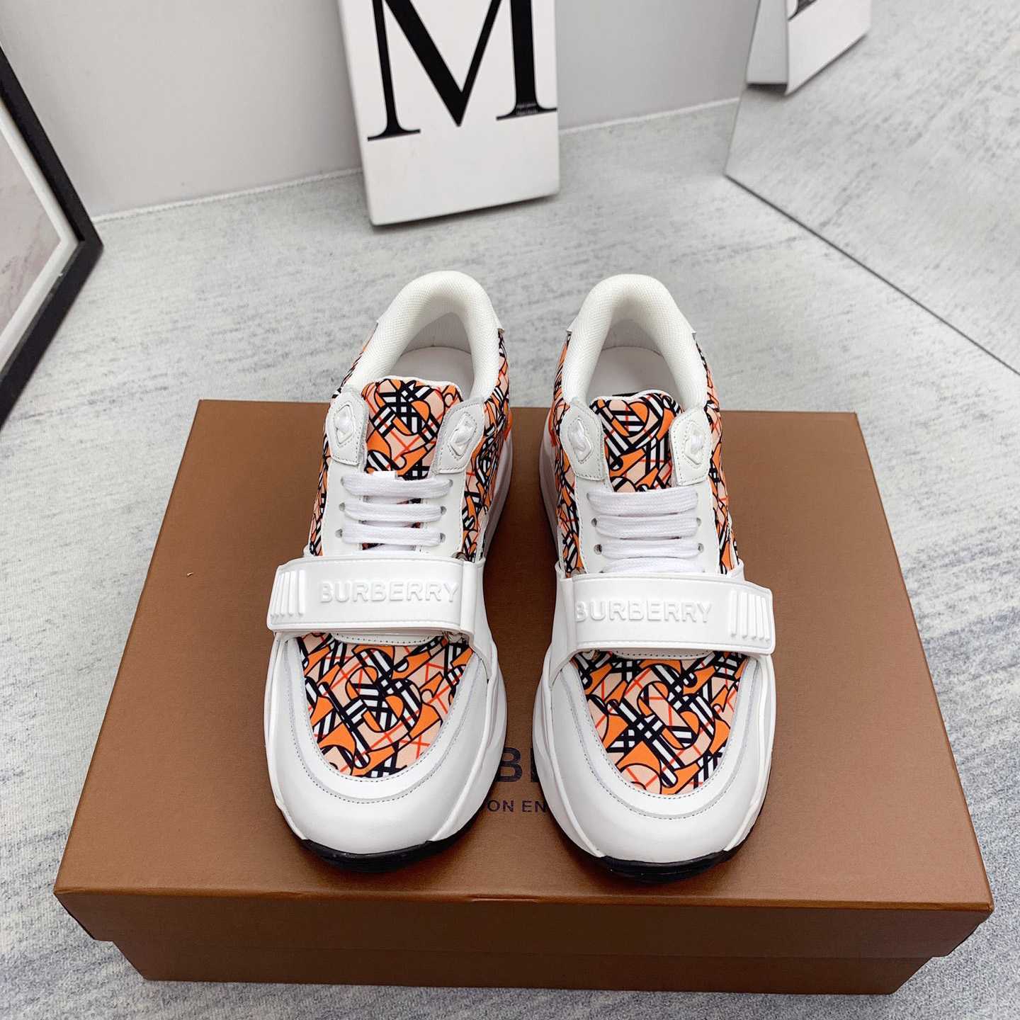 Burberry Monogram Print Linen Nylon And Leather Sneakers - DesignerGu