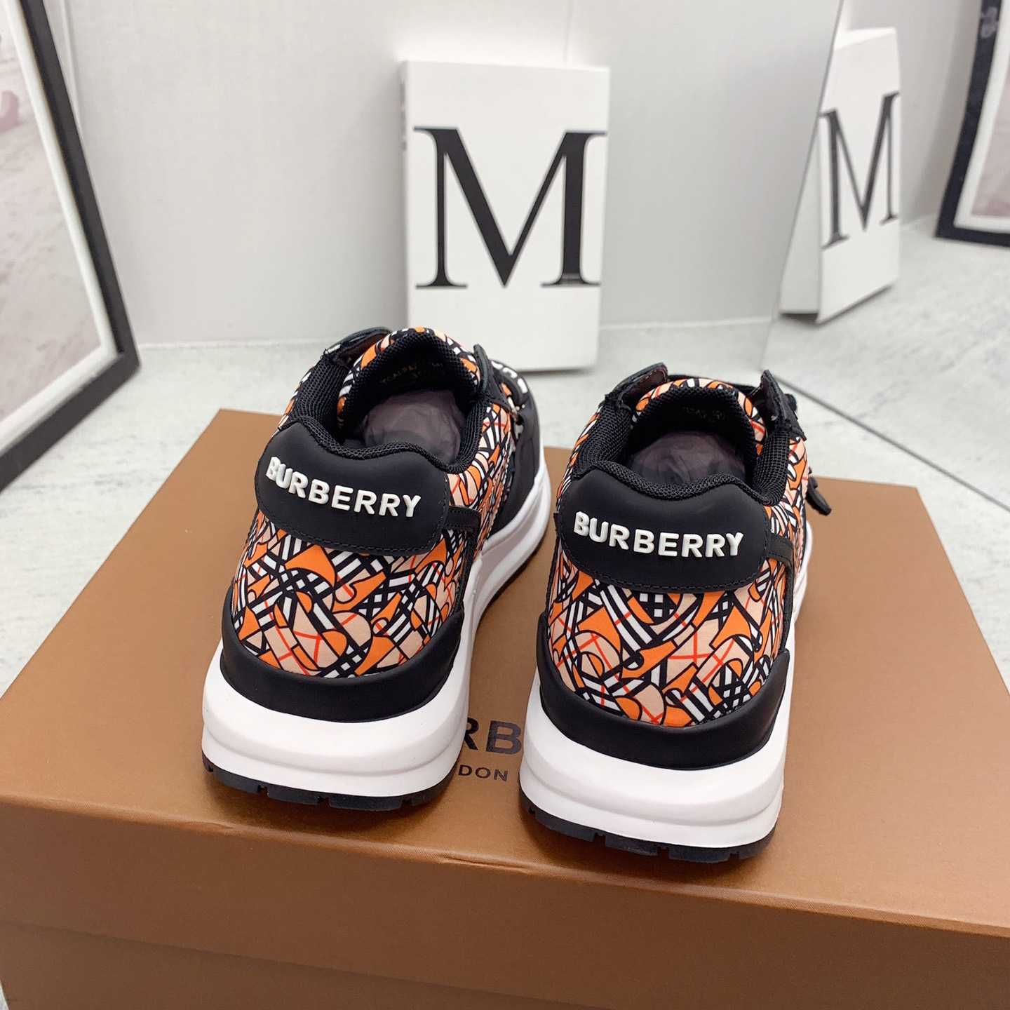 Burberry Monogram Print Linen Nylon And Leather Sneakers - DesignerGu