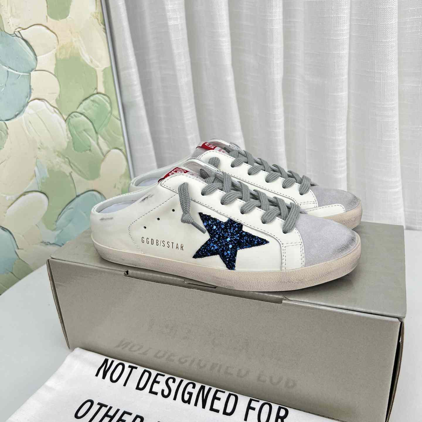 Golden Goose Super-Star Sabots In White Leather With Blue Glitter Star And Dove-Gray Suede Tongue - DesignerGu