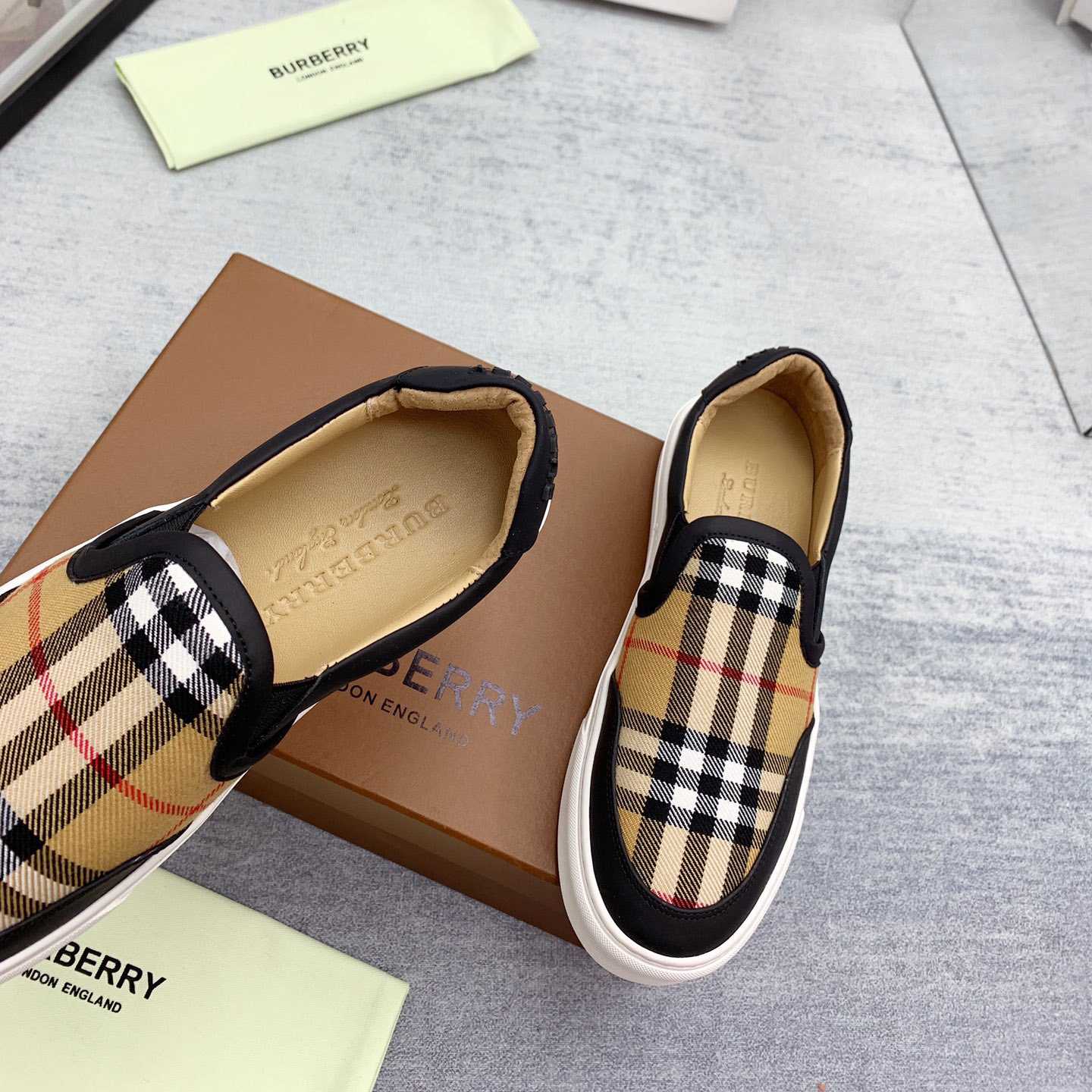 Burberry Leather And Vintage Check Slip-On Sneakers - DesignerGu