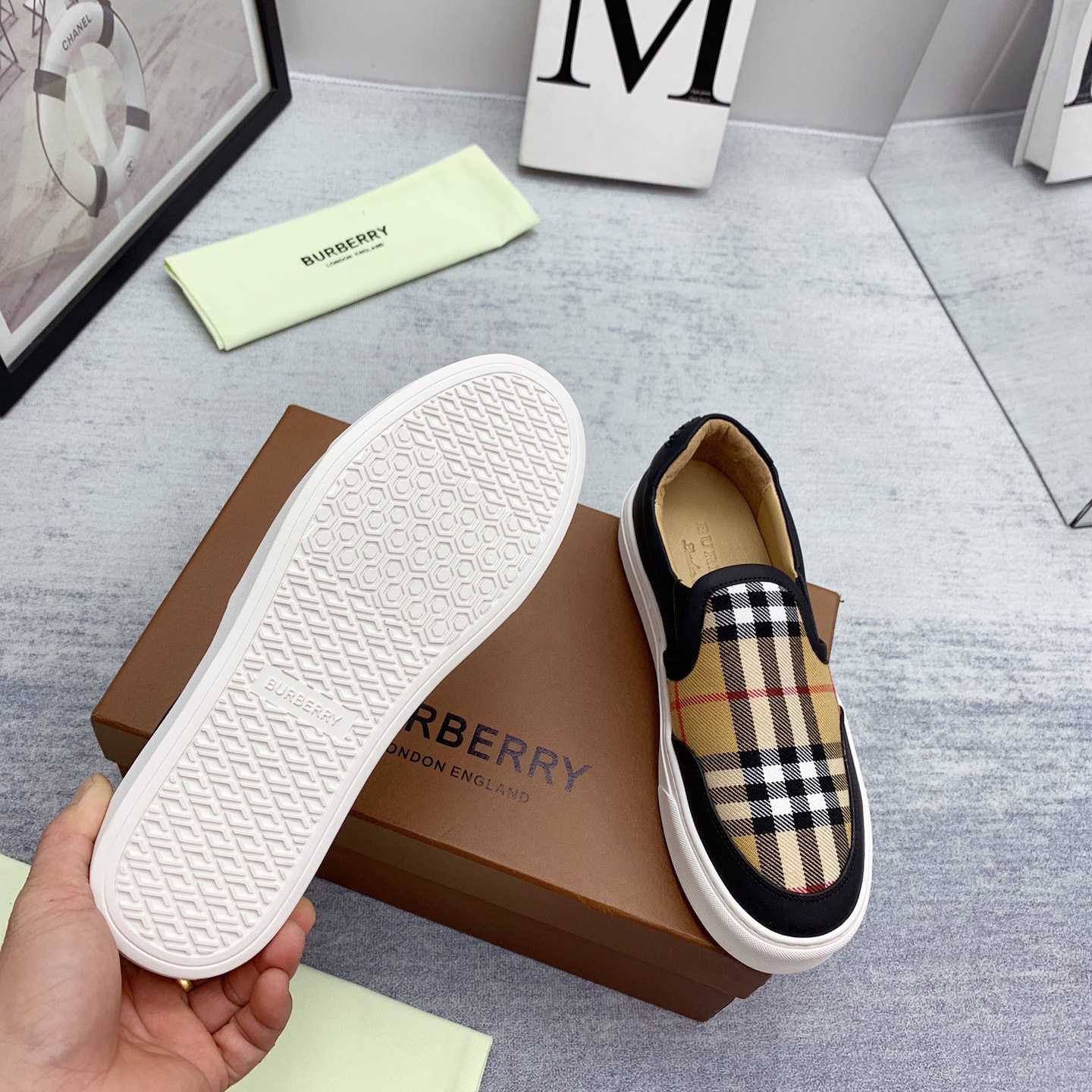 Burberry Leather And Vintage Check Slip-On Sneakers - DesignerGu