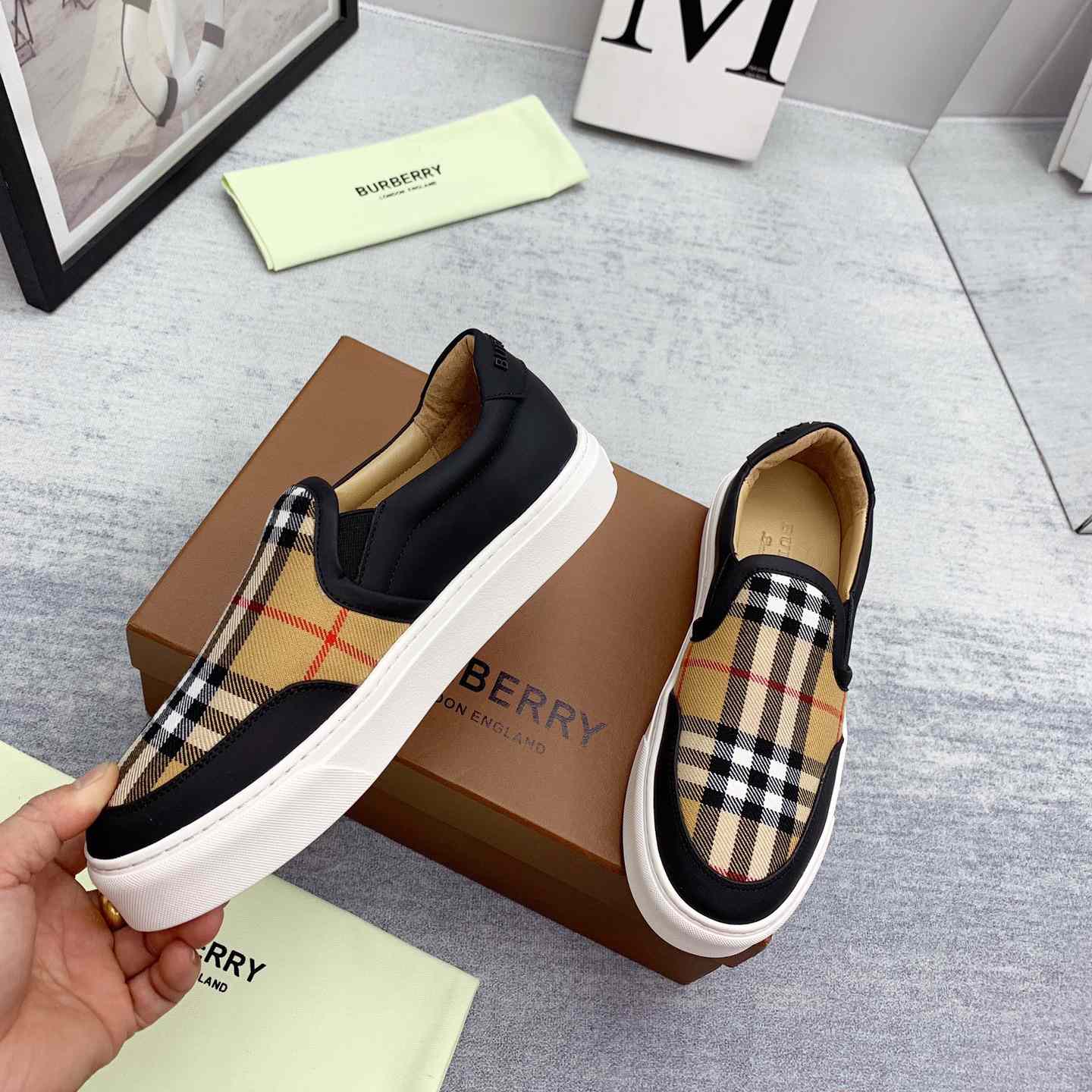 Burberry Leather And Vintage Check Slip-On Sneakers - DesignerGu