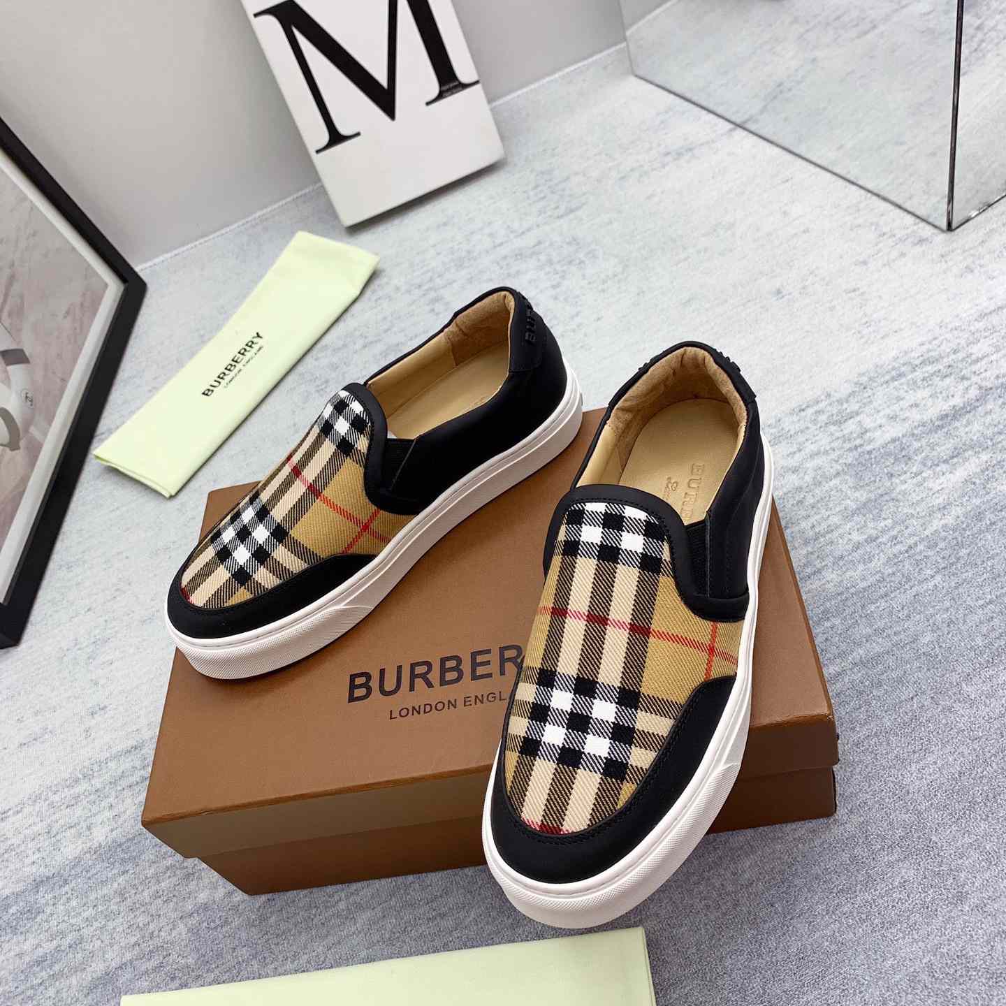 Burberry Leather And Vintage Check Slip-On Sneakers - DesignerGu