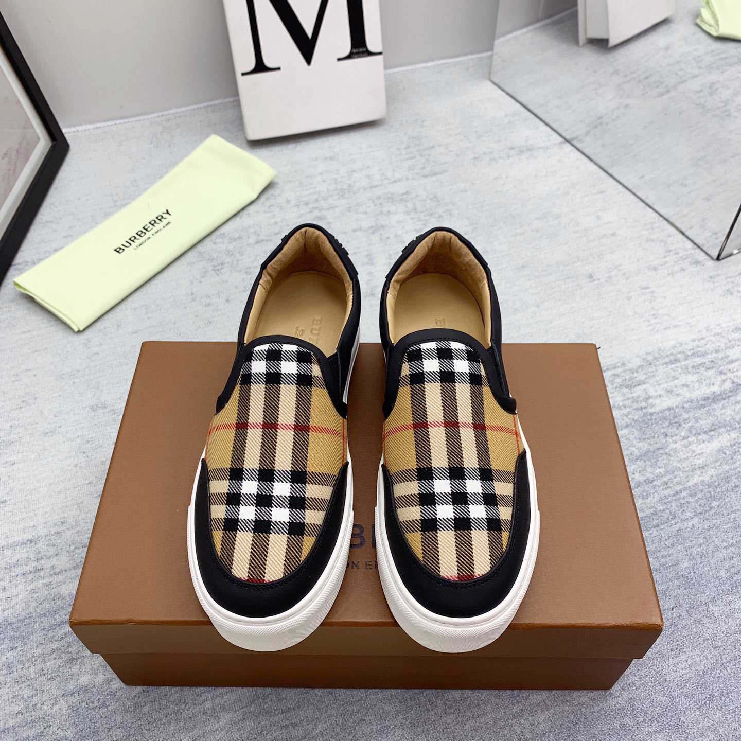 Burberry Leather And Vintage Check Slip-On Sneakers - DesignerGu