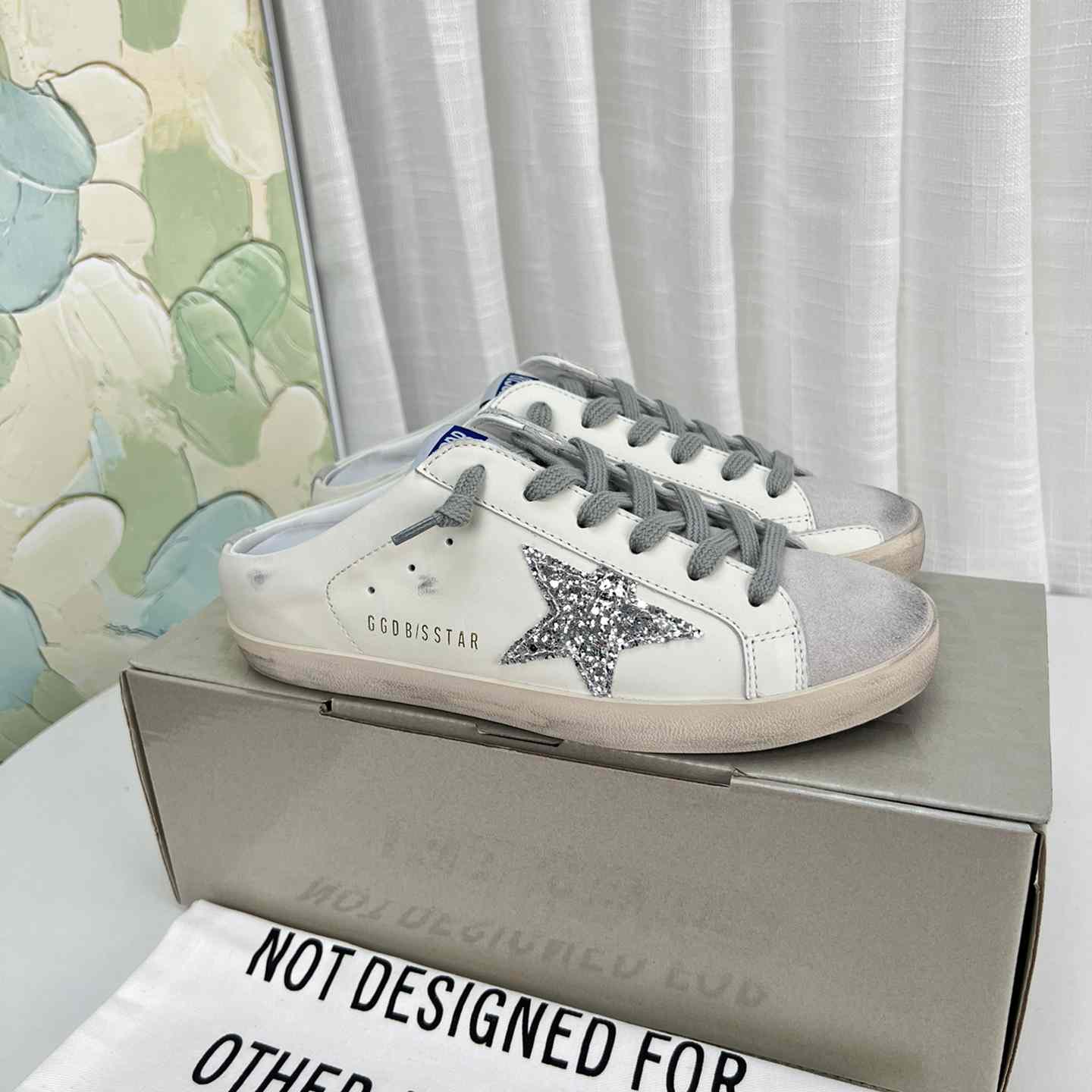 Golden Goose Super-Star Sabots In White Leather And Gray Suede With Silver Glitter Star - DesignerGu