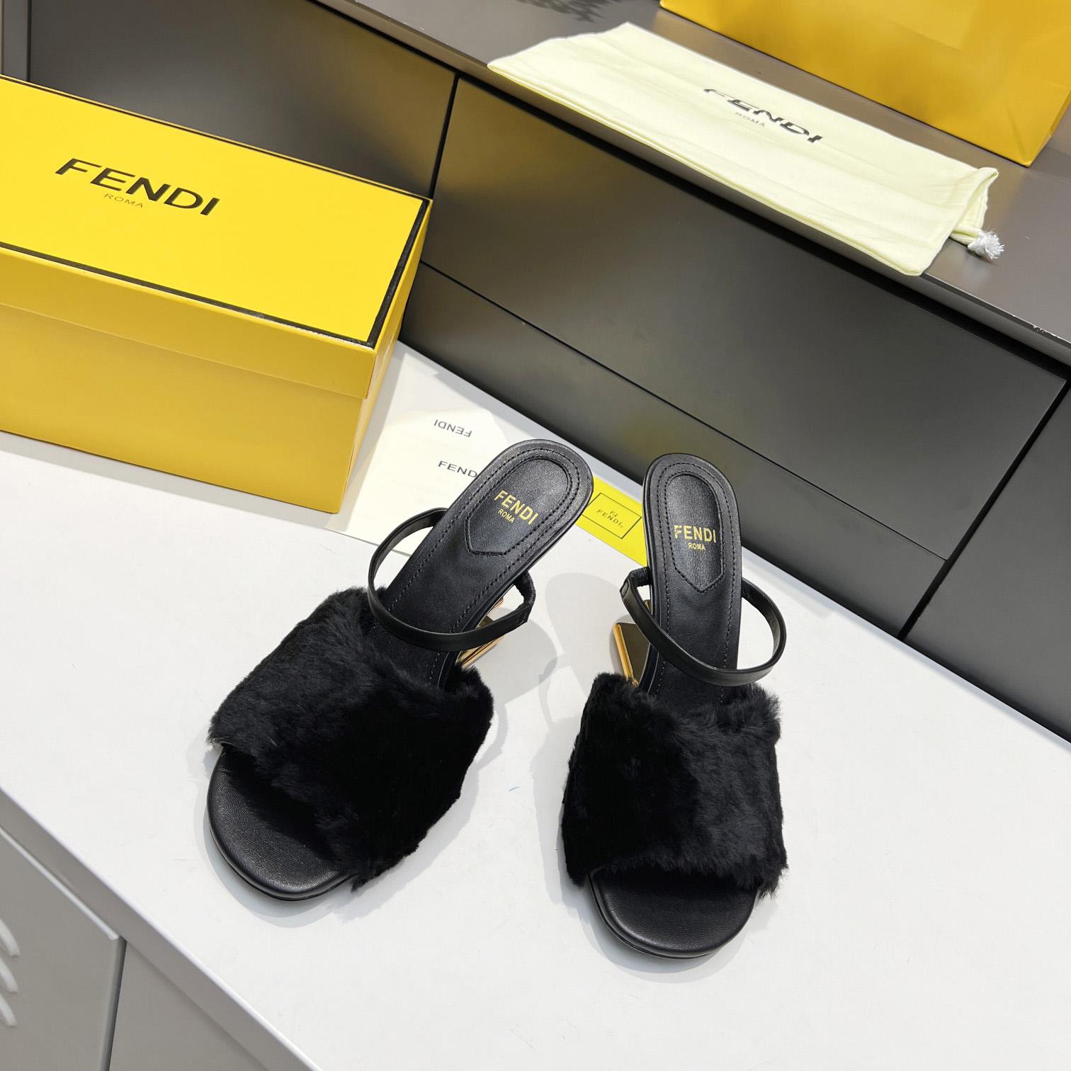 Fendi First Black Mink Medium-Heel Sandals - DesignerGu