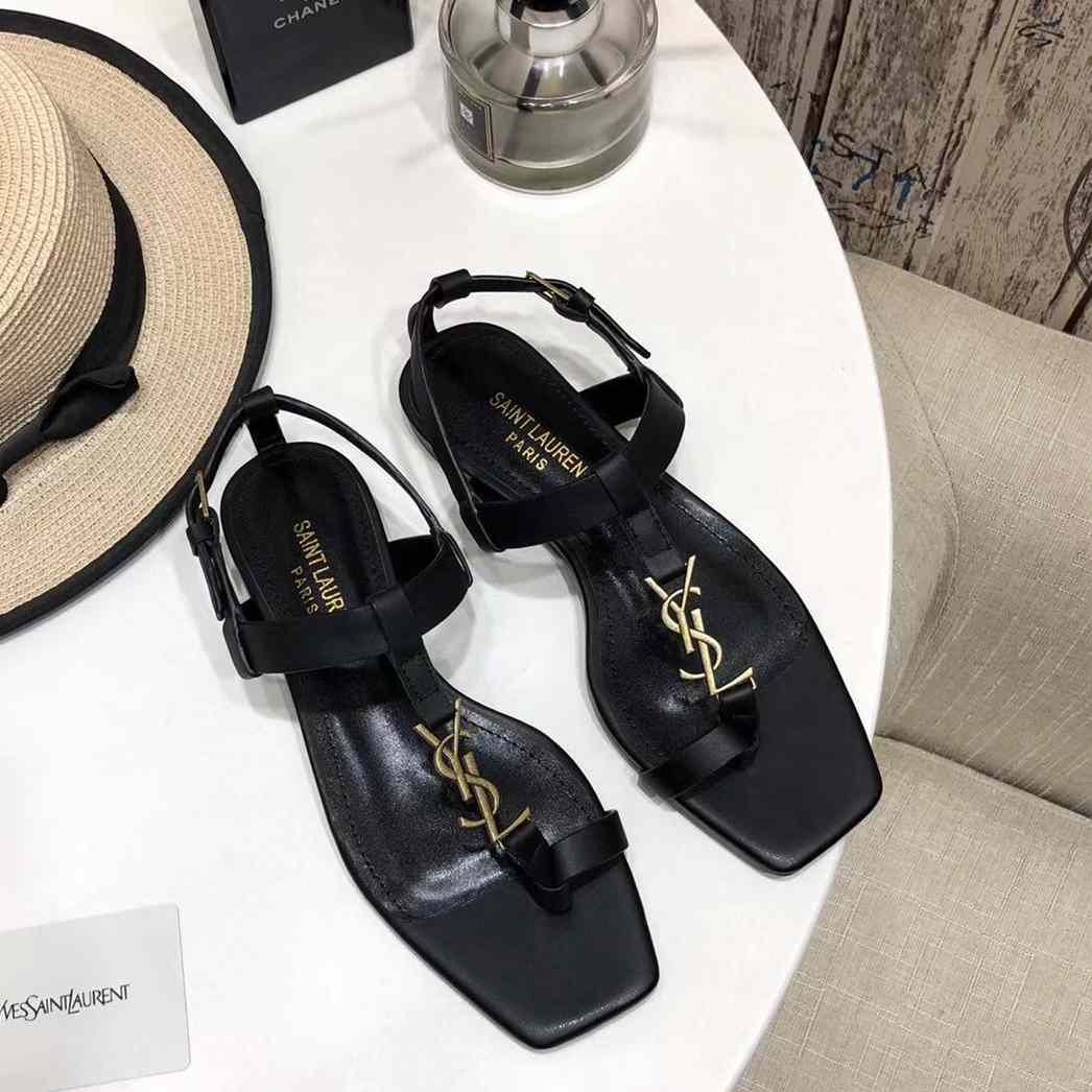 Saint Laurent Cassandra Flat Sandals In Smooth Leather With Gold-Tone Monogram - DesignerGu