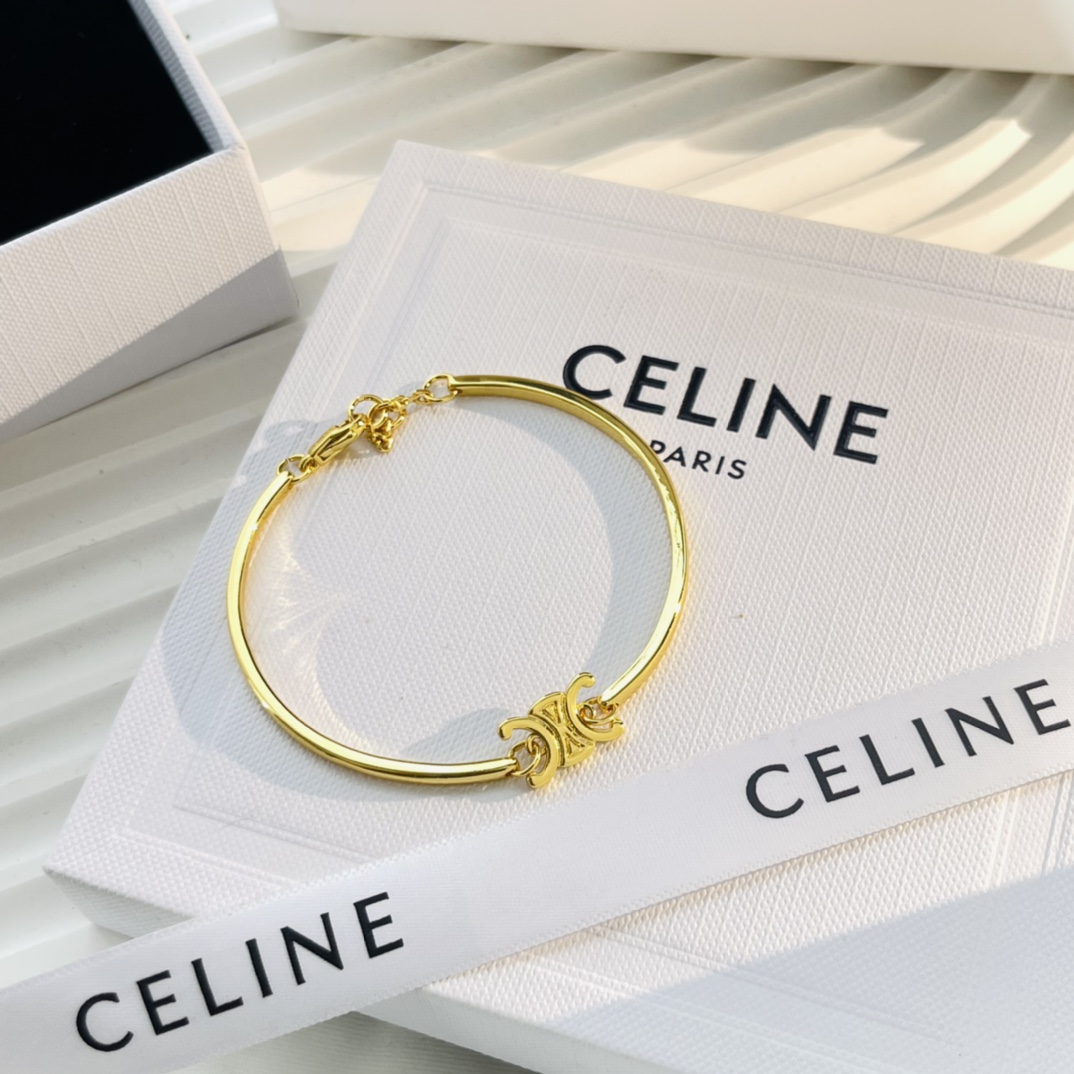 Celine Triomphe Articulated Bracelet In Brass With Gold Finish - DesignerGu