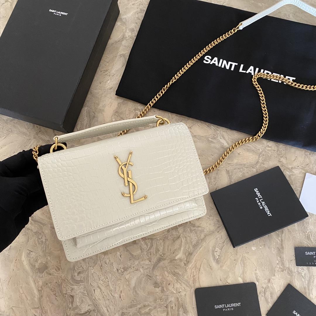 Saint Laurent Sunset Chain Wallet In Crocodile-Embossed Shiny Leather - DesignerGu