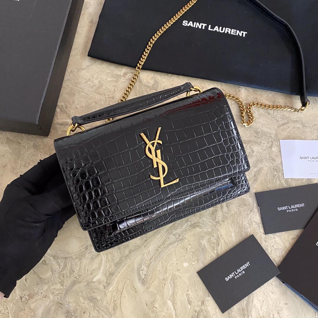 Saint Laurent Sunset Chain Wallet In Crocodile-Embossed Shiny Leather - DesignerGu