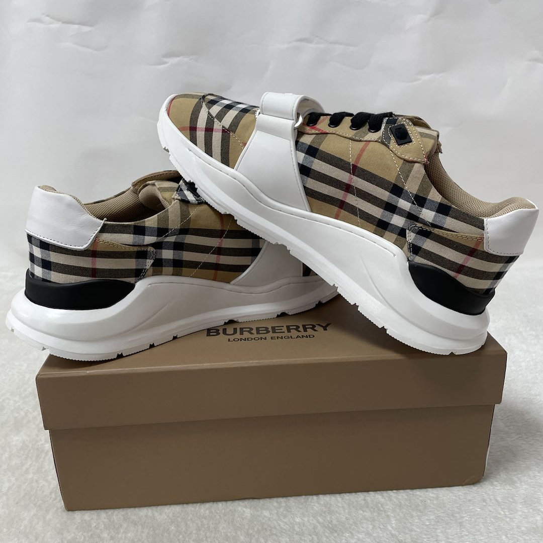 Burberry Check Cotton And Leather Sneakers - DesignerGu