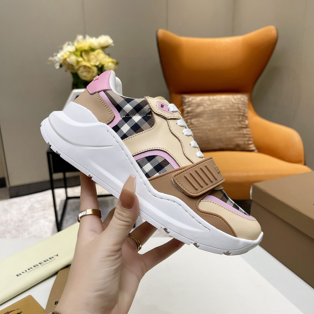 Burberry Check Cotton And Leather Sneakers - DesignerGu