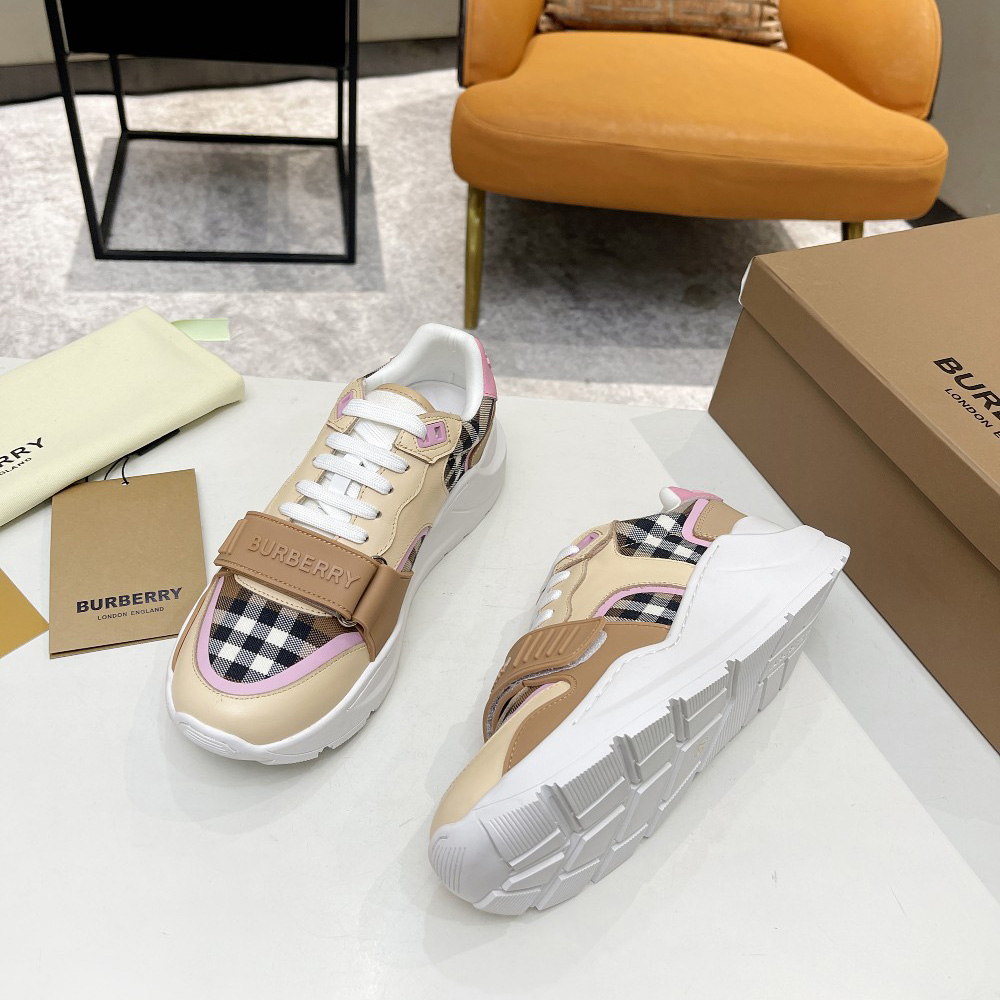 Burberry Check Cotton And Leather Sneakers - DesignerGu