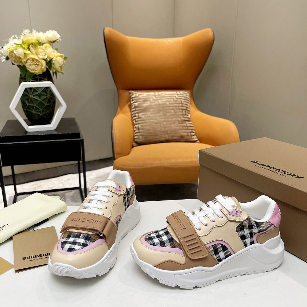 Burberry Check Cotton And Leather Sneakers - DesignerGu