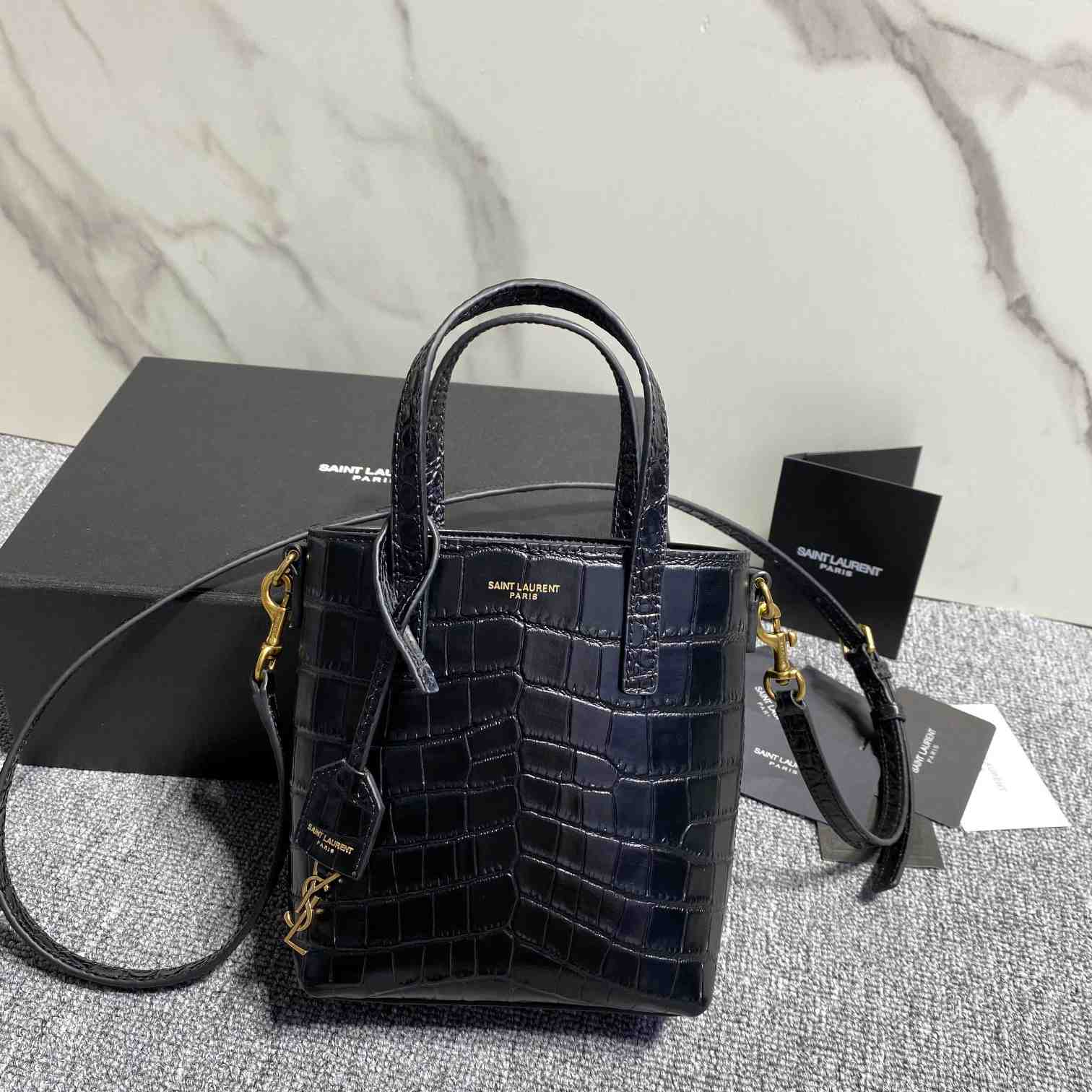 Saint Laurent Paris Mini Toy Shopping In Crocodile-Embossed Leather  - DesignerGu