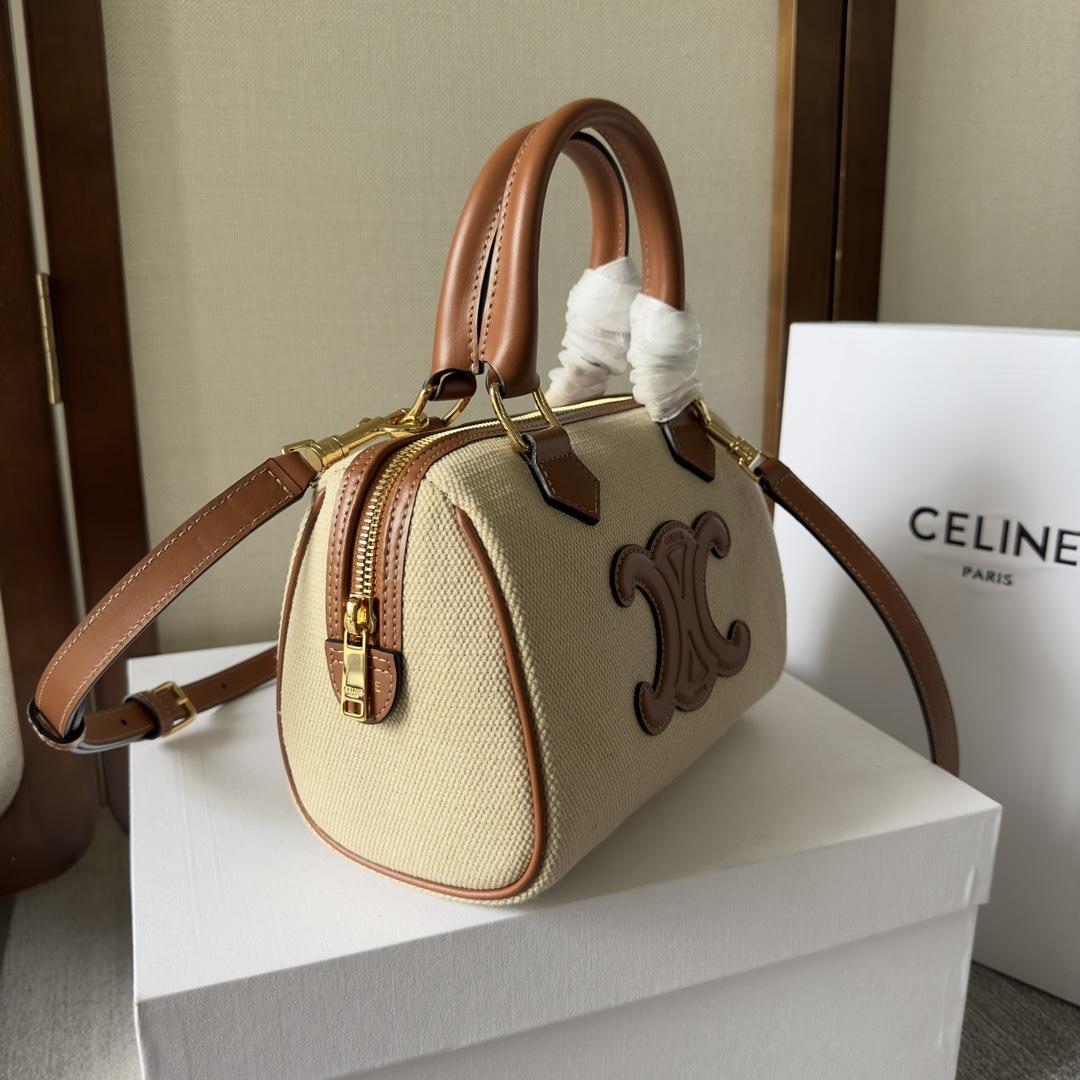 Celine Small Boston Cuir Triomphe In Textile And Calfskin Natural/Tan - DesignerGu