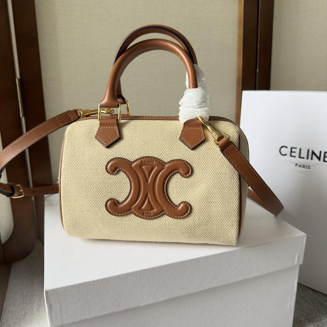 Celine Small Boston Cuir Triomphe In Textile And Calfskin Natural/Tan - DesignerGu