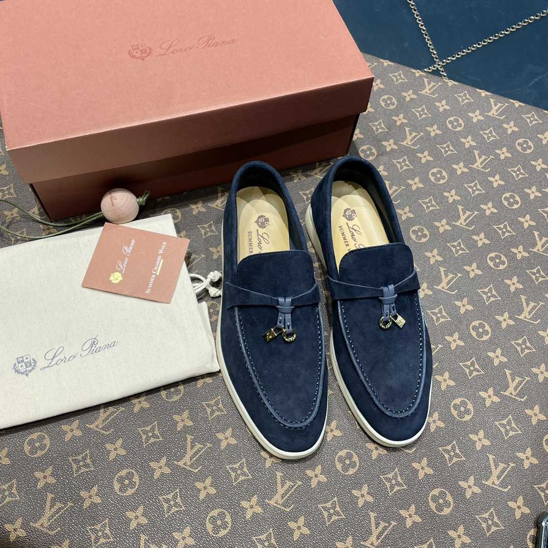 Loro Piana Summer Charms Walk Suede Loafers In Caviar - DesignerGu