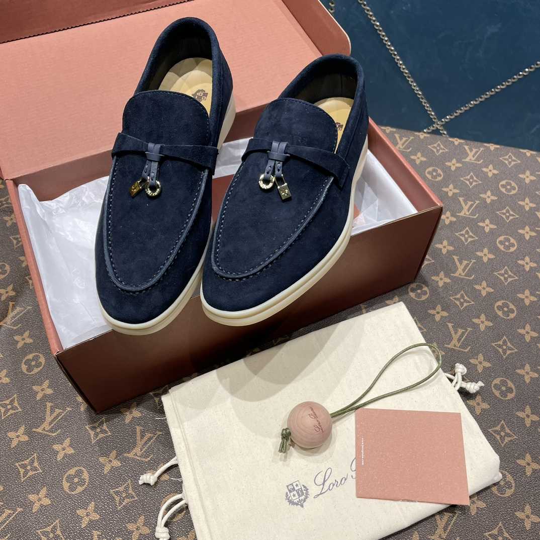 Loro Piana Summer Charms Walk Suede Loafers In Caviar - DesignerGu