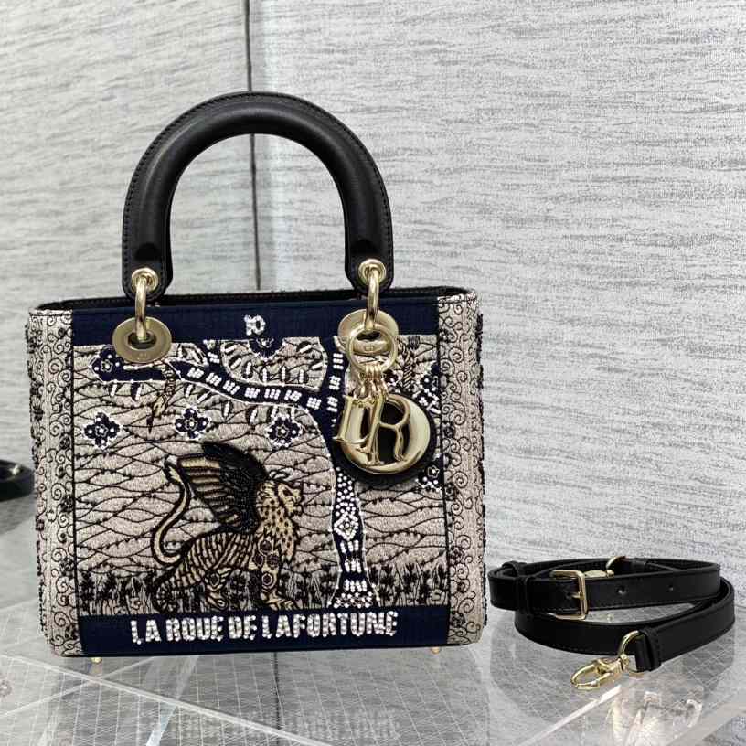 Dior Embroidered La Roue La Fortune Tarot Medium Lady Dior Blue - DesignerGu