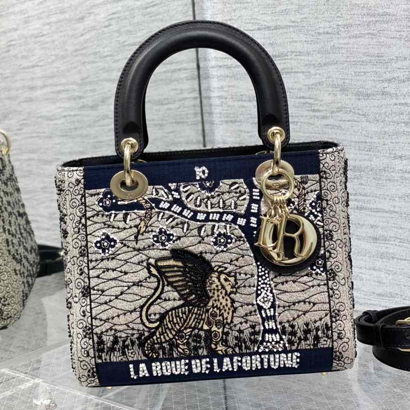 Dior Embroidered La Roue La Fortune Tarot Medium Lady Dior Blue - DesignerGu