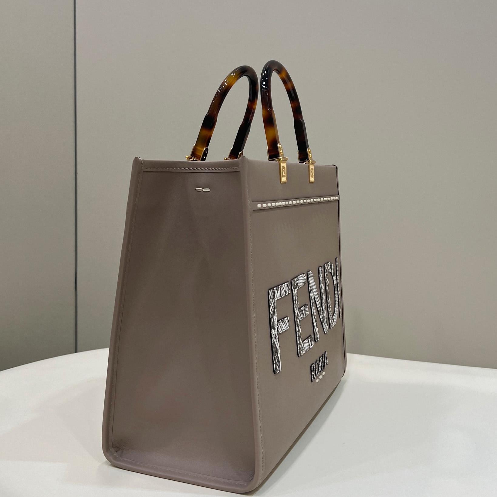 Fendi Sunshine Medium Beige Leather And Elaphe Shopper - DesignerGu