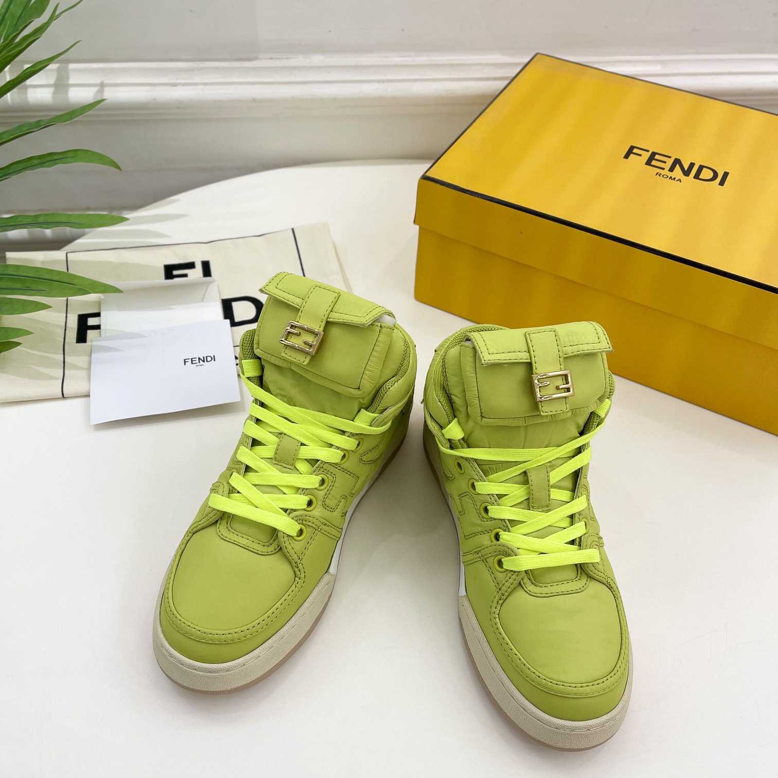 Fendi Match Acid Green Nylon High-Tops Sneaker - DesignerGu