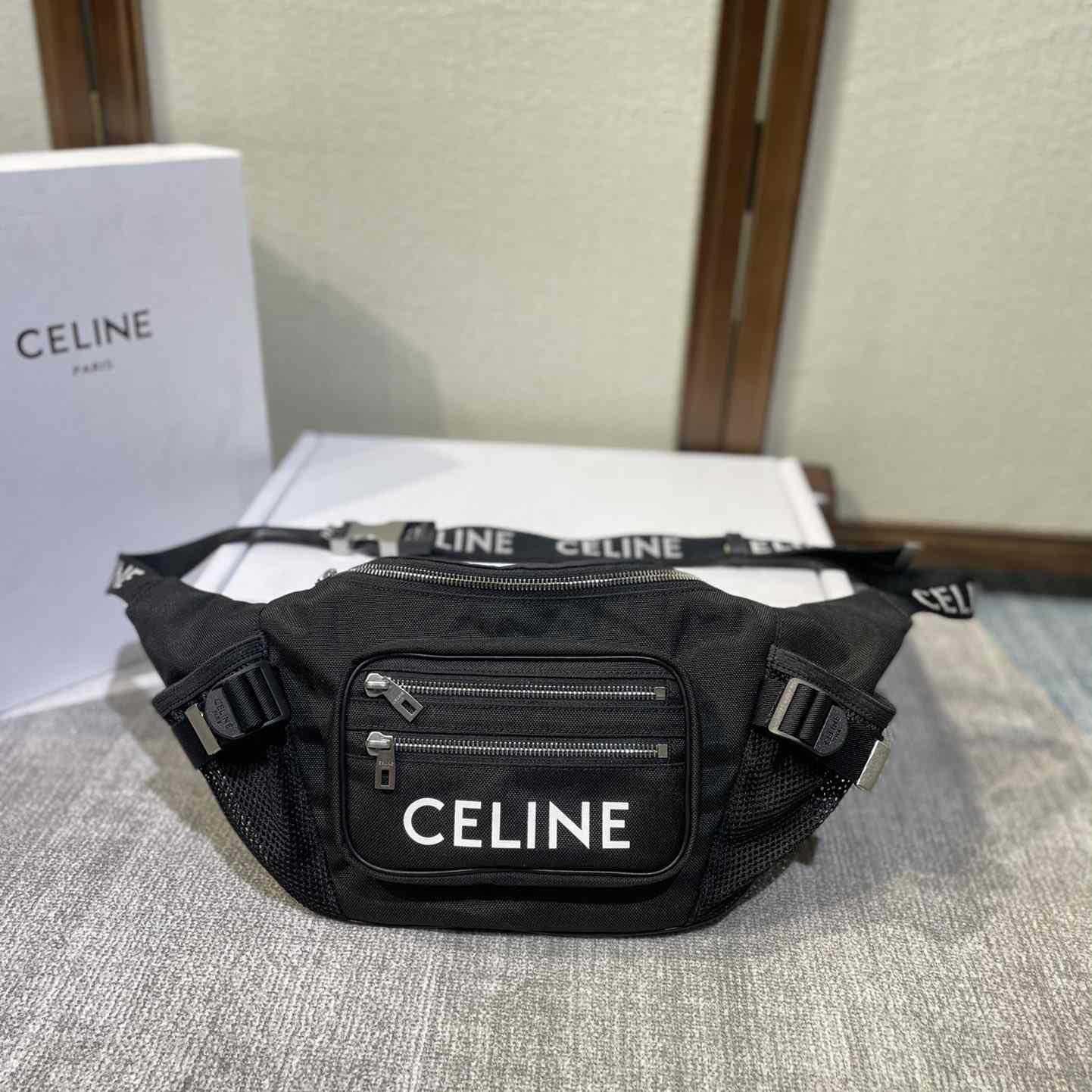 Celine Large Zipped Belt Bag Trekking In Nylon With Celine Print Black - DesignerGu