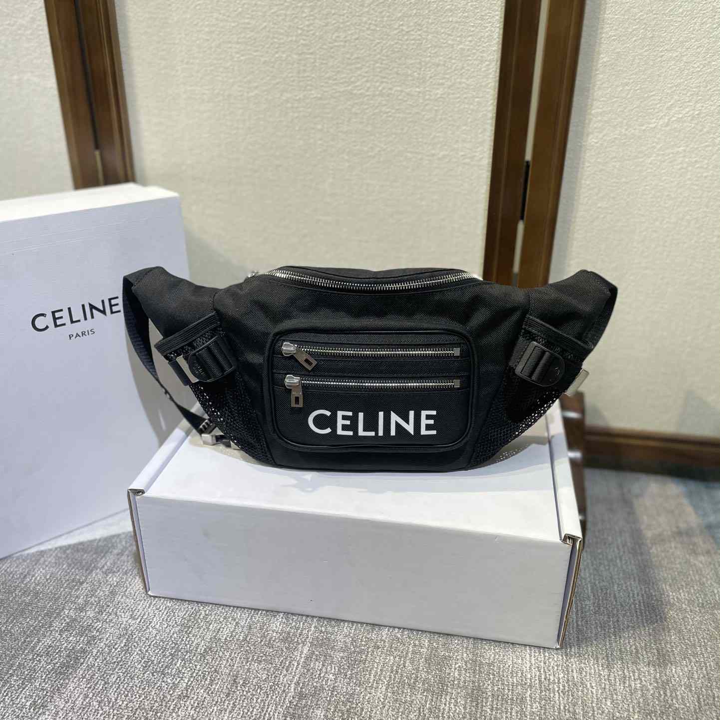 Celine Large Zipped Belt Bag Trekking In Nylon With Celine Print Black - DesignerGu