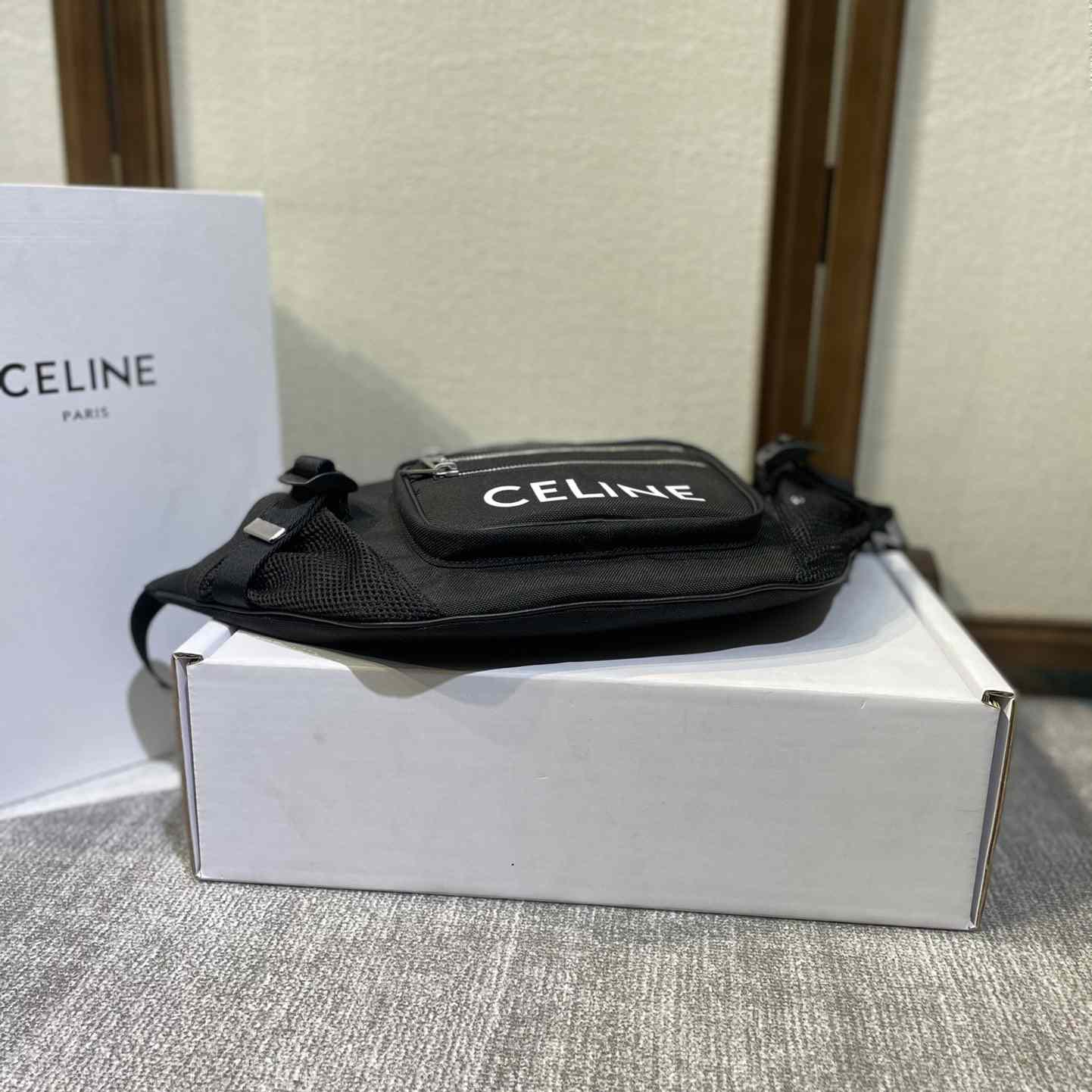 Celine Large Zipped Belt Bag Trekking In Nylon With Celine Print Black - DesignerGu