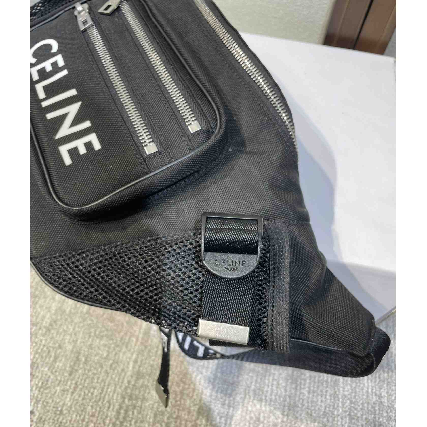 Celine Large Zipped Belt Bag Trekking In Nylon With Celine Print Black - DesignerGu