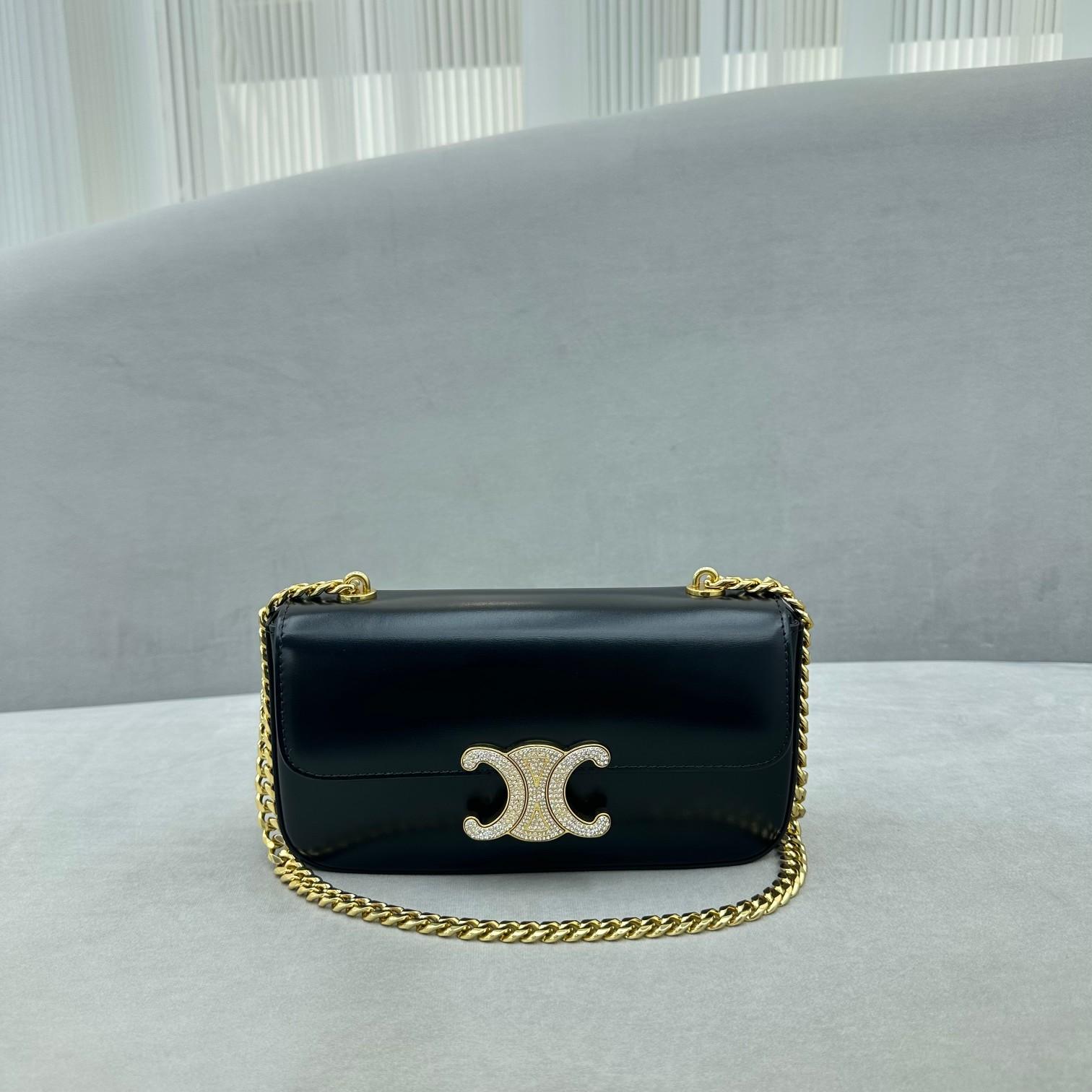 Celine Chain Shoulder Bag Triomphe With Strass Closure In Shiny Calfskin  - DesignerGu