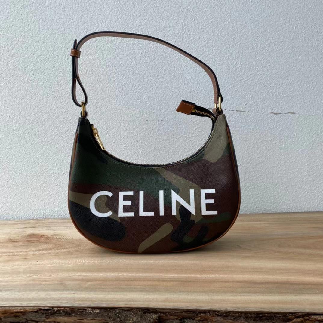 Celine Canvas Calfskin Camouflage Ava Logo Triomphe Shoulder Bag Khaki (24.5-18-7.5cm) - DesignerGu