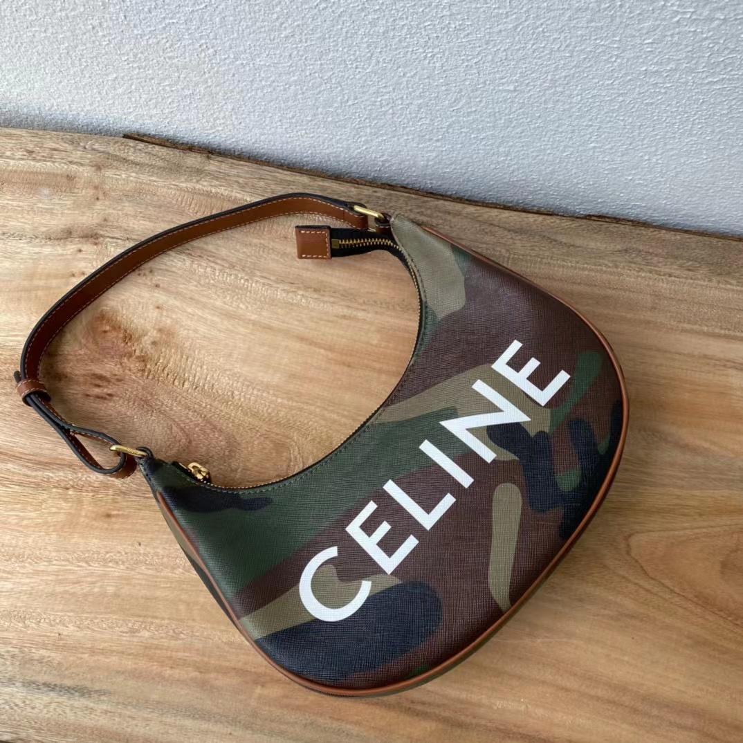 Celine Canvas Calfskin Camouflage Ava Logo Triomphe Shoulder Bag Khaki (24.5-18-7.5cm) - DesignerGu