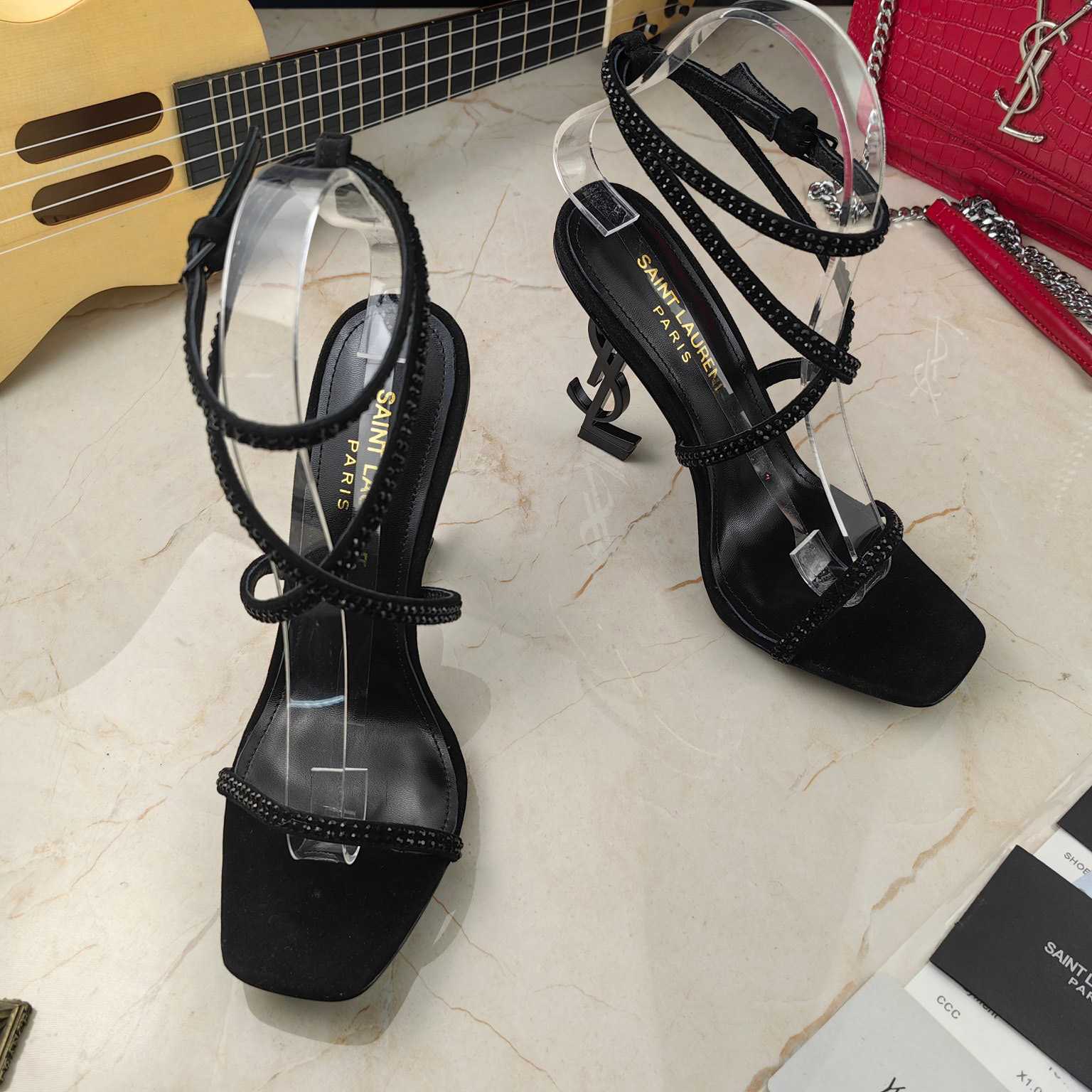 Saint Laurent Opyum Sandals In Crepe Satin And Rhinestones  - DesignerGu